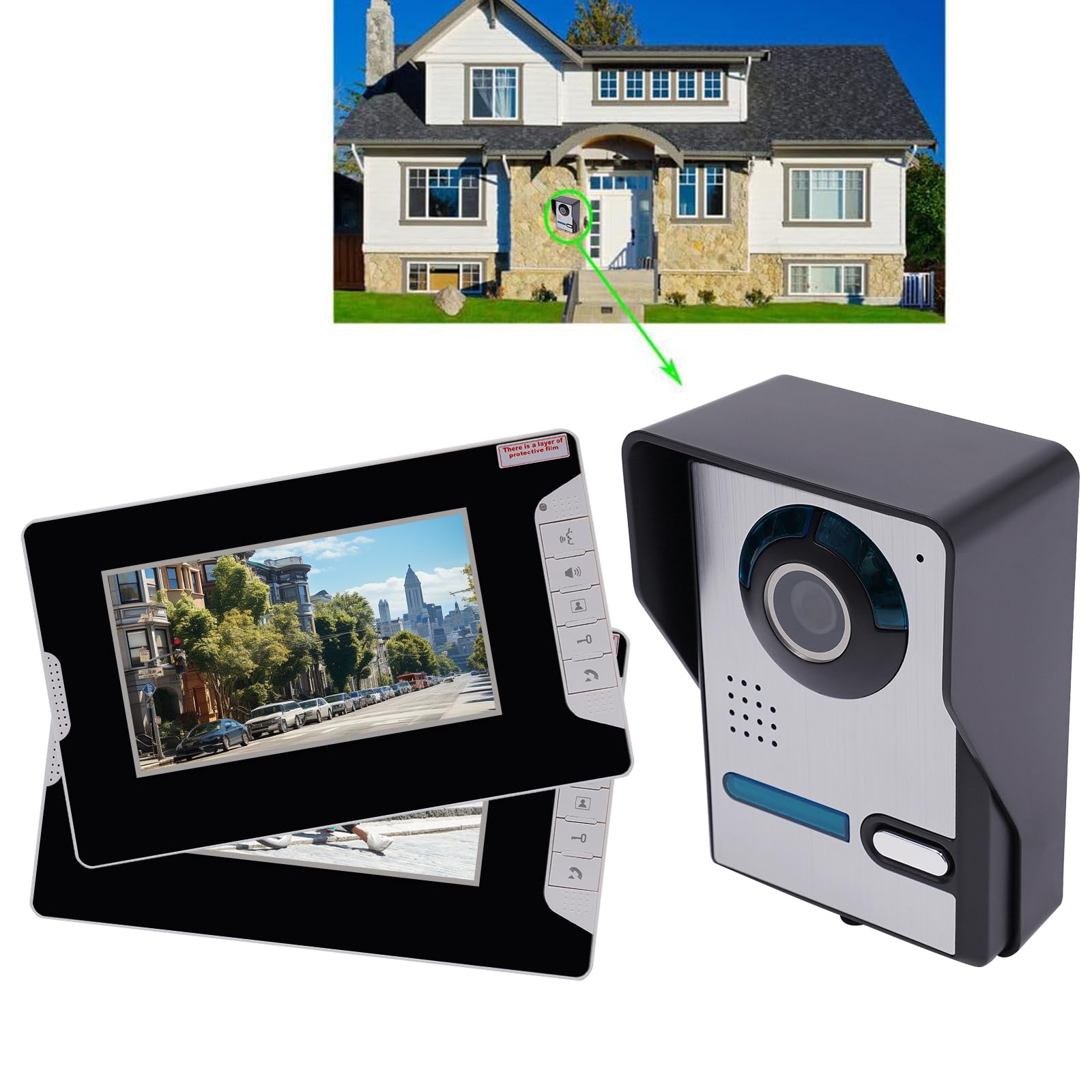 Set citofonico cablato, composto da 1 telecamera e 2 display, dotato di telecamera con visione notturna ad alta definizione e funzionalità audio bidirezionale.