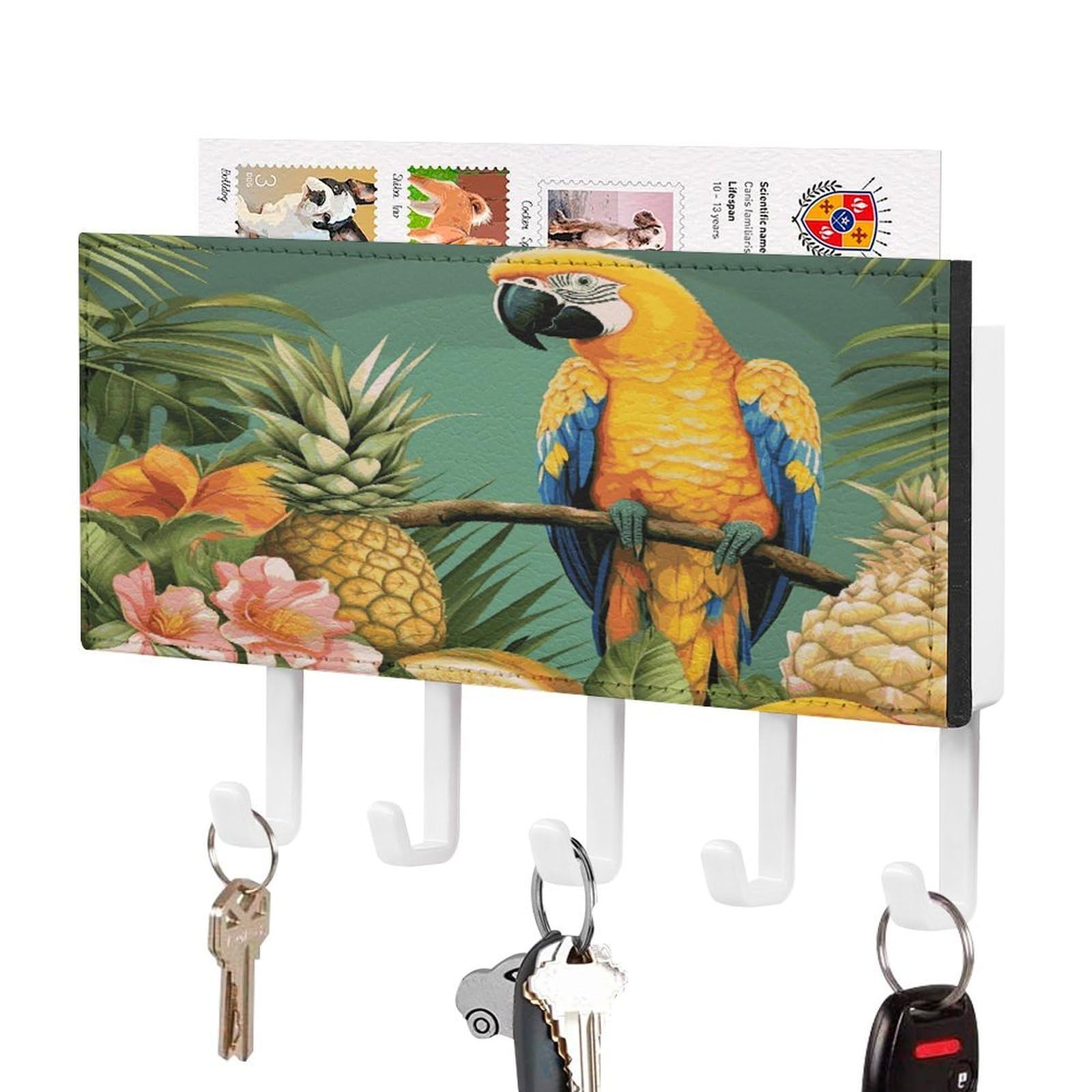 LDGSUPH Summer Parrot Pineapple Bird Key Holder Wall Mount Key Hanger with 5 Hooks Fashion Key Organizer Rack Hanging Key Hooks with Mail Organizer Key Rack for Home Entryway Hallway White-Style
