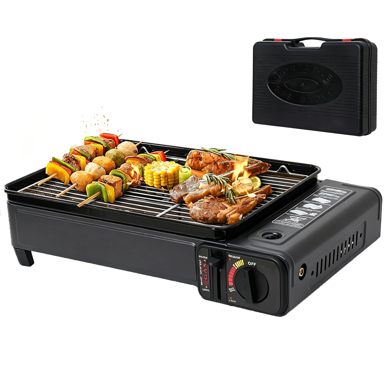 Przenośny grill gazowy na dwa paliwa, kuchenka stołowa z tacą ociekową na olej, równomierne rozprowadzanie ciepła, ruszt ze stali nierdzewnej na kemping, piknik, gotowanie na świeżym powietrzu