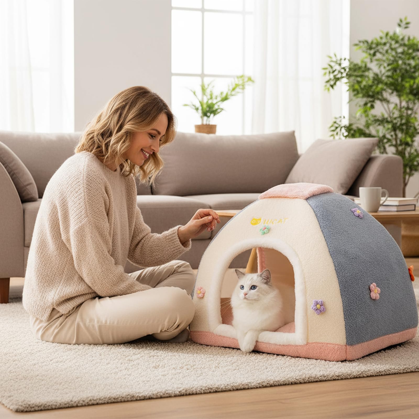 Galatée Niche pour Chat, Lit Douillet Et Douillet pour Chat, Tente Douce avec Coussin Amovible, Panier Douillet pour Chien, Maison pour Animaux De Compagnie pour Chiot, Chaton, Lapin(XL, Rose)
