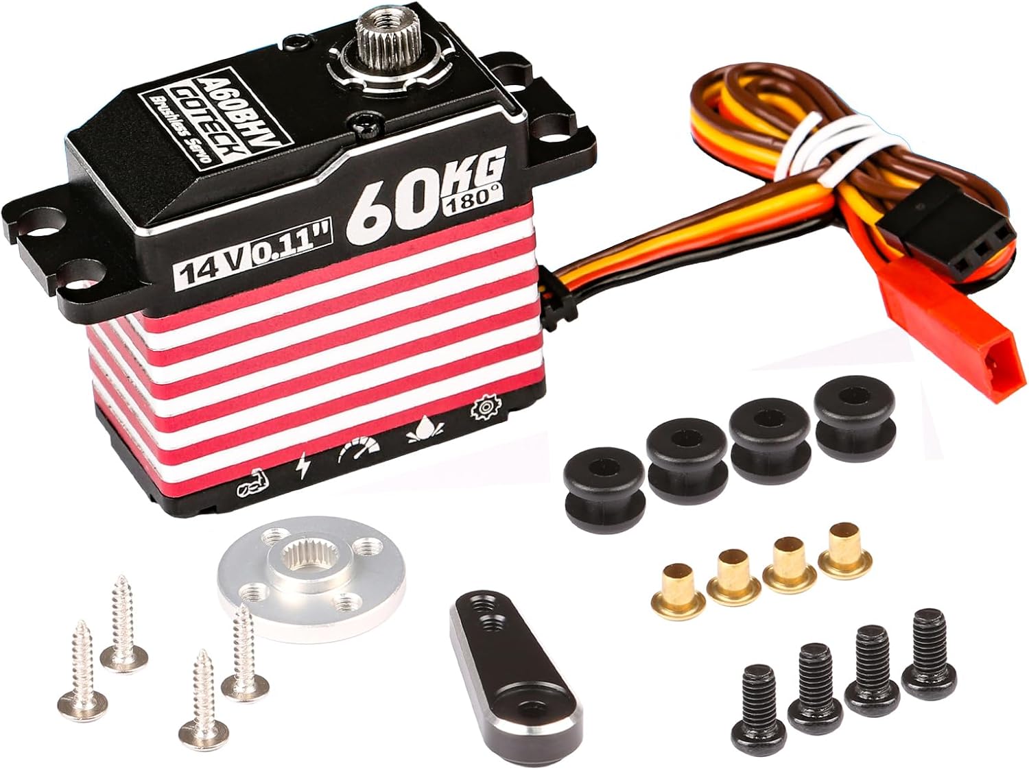 GOTECK 60KG Brushless Digital Servo,High Voltage 14V Full Metal Gear Waterproof Steering Servo with 25T Servo Horn for 1/8 1/10 Scale RC Cars,RC Crawler,Trucks,Boat,Robot Parts (A60BHV-180°)