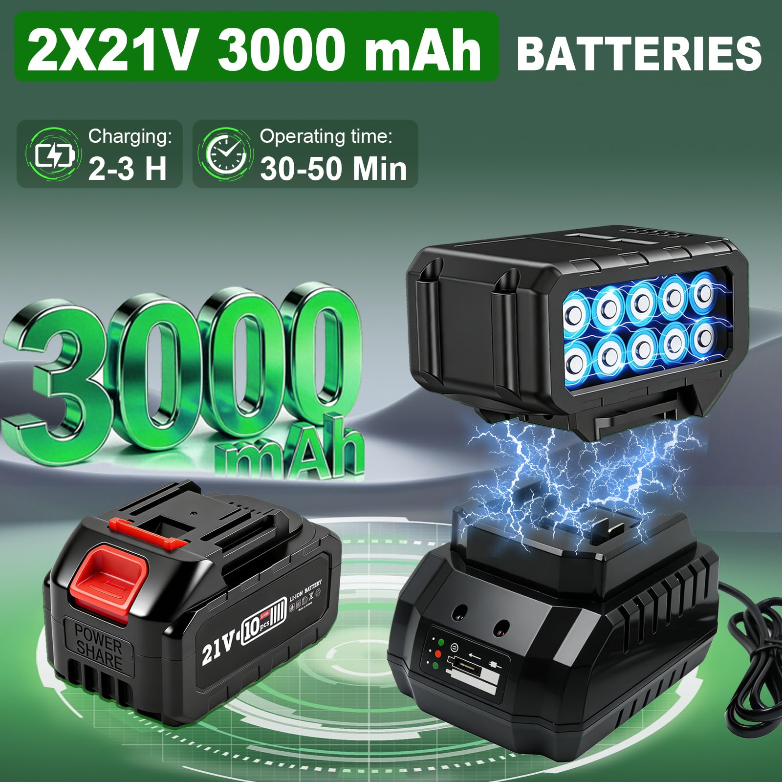 Desbrozadora Electrica, 21V Desbrozadora Batería, Cortabordes Bateria con 2 Baterías, Multifunción Cortacesped Eléctrico, Telescópico, Cabezal Pivotante 90° para Césped Jardín Poda, Verde