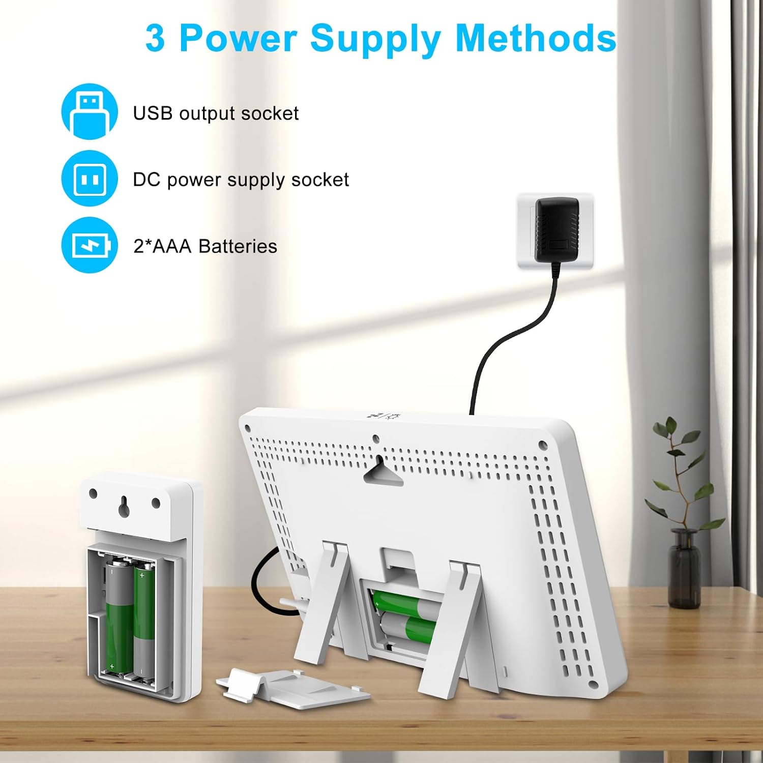 Diagram showing power options for the weather station: USB output, DC power, and AAA batteries.