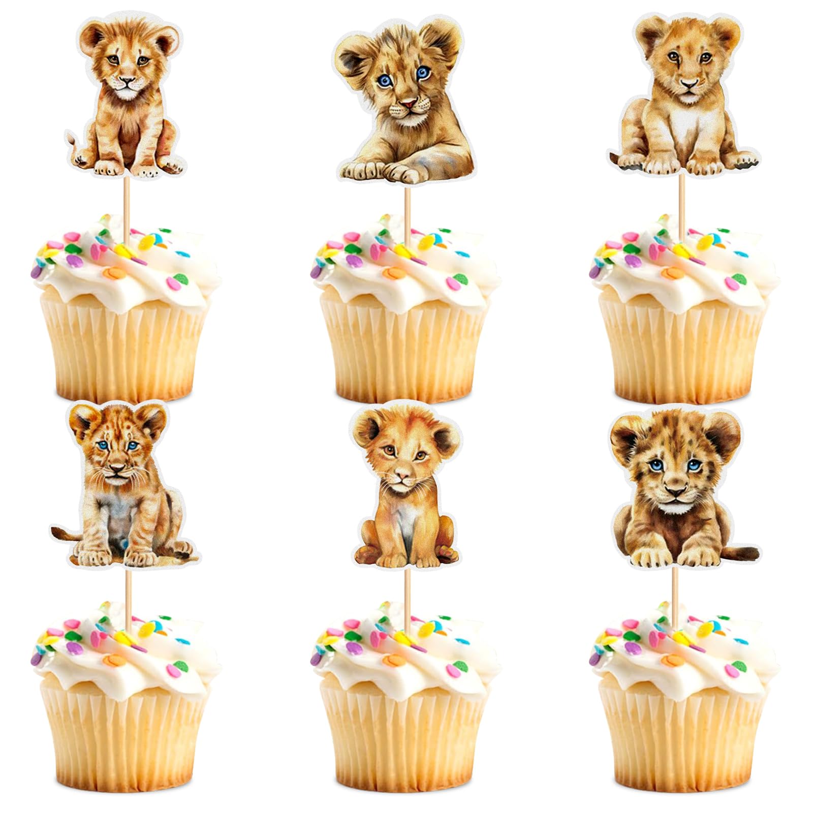 Blumomon Pack of 24 Lion Pattern Cupcake Toppers, Congratulations on Birthday, Cupcake Decoration for Children, Wild Jungle Animal Theme Birthday Party Decor — image 1
