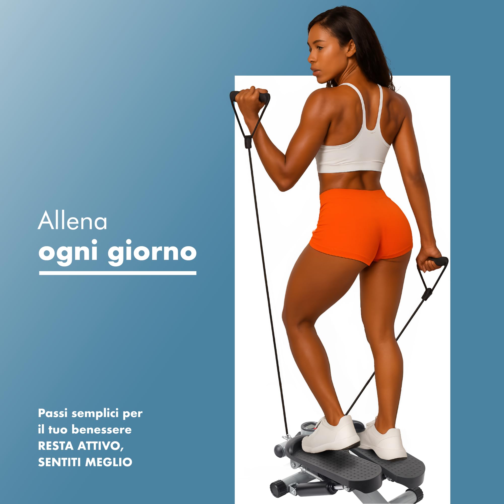 PORTENTUM Mini stepper fitness casa con bande di resistenza e schermo LCD 5 funzioni — Step 3-in-1 per gambe, glutei e braccia — Intensità regolabile — Attrezzi palestra compatti e facili da riporre