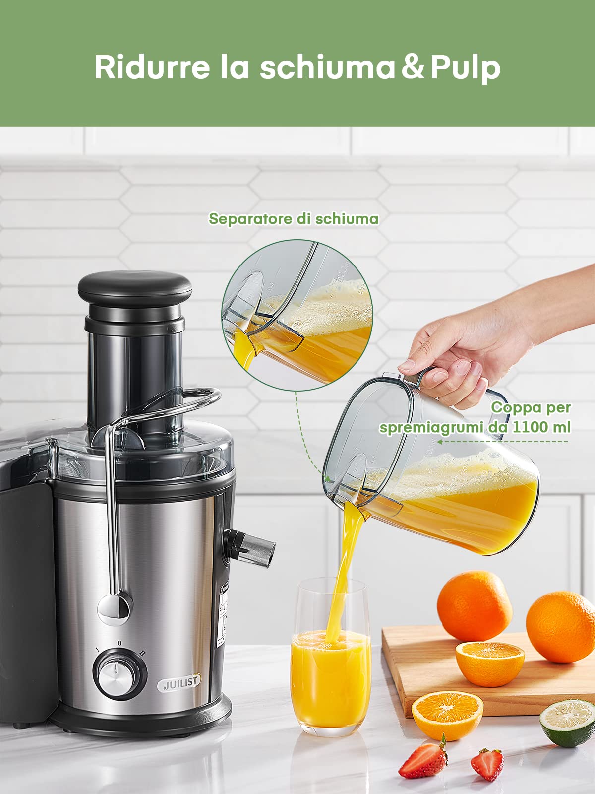 Juilist Centrifuga Frutta e Verdura, 800W Estrattore Frutta e Verdura con 75 MM Bocca Larga, Facile Pulizia Acciaio Inox Estrattore di Succo con 2 Velocità 21000RMP, Funzione Antigocciolamento