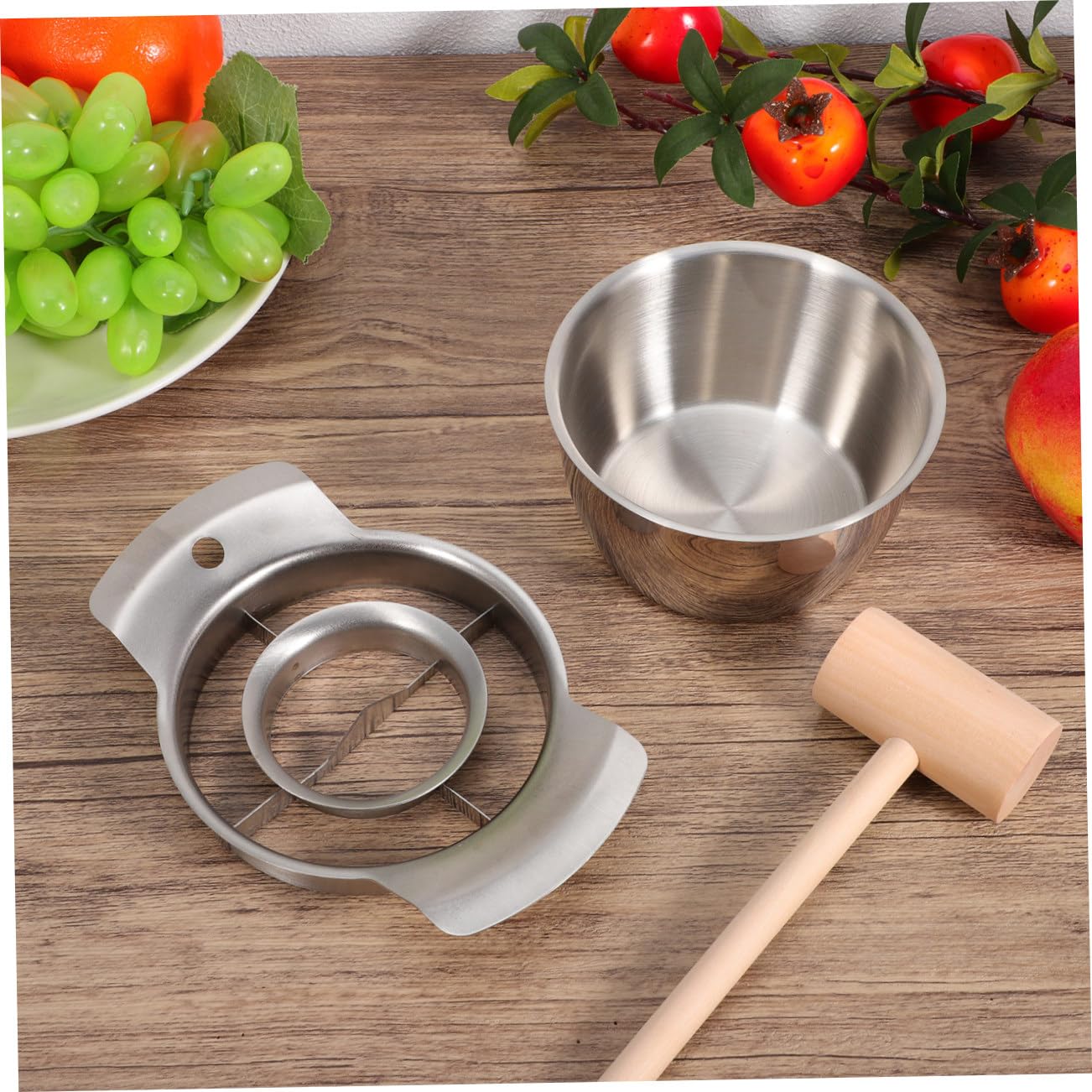 TOYANDONA Set Pelapatate Melograno in Acciaio Inox 304 Ciotola e Martello in Legno, Sgranatrice Manuale per Frutta Facile da Usare, Utensile Cucina per Rimozione Semi Melograno Domestico