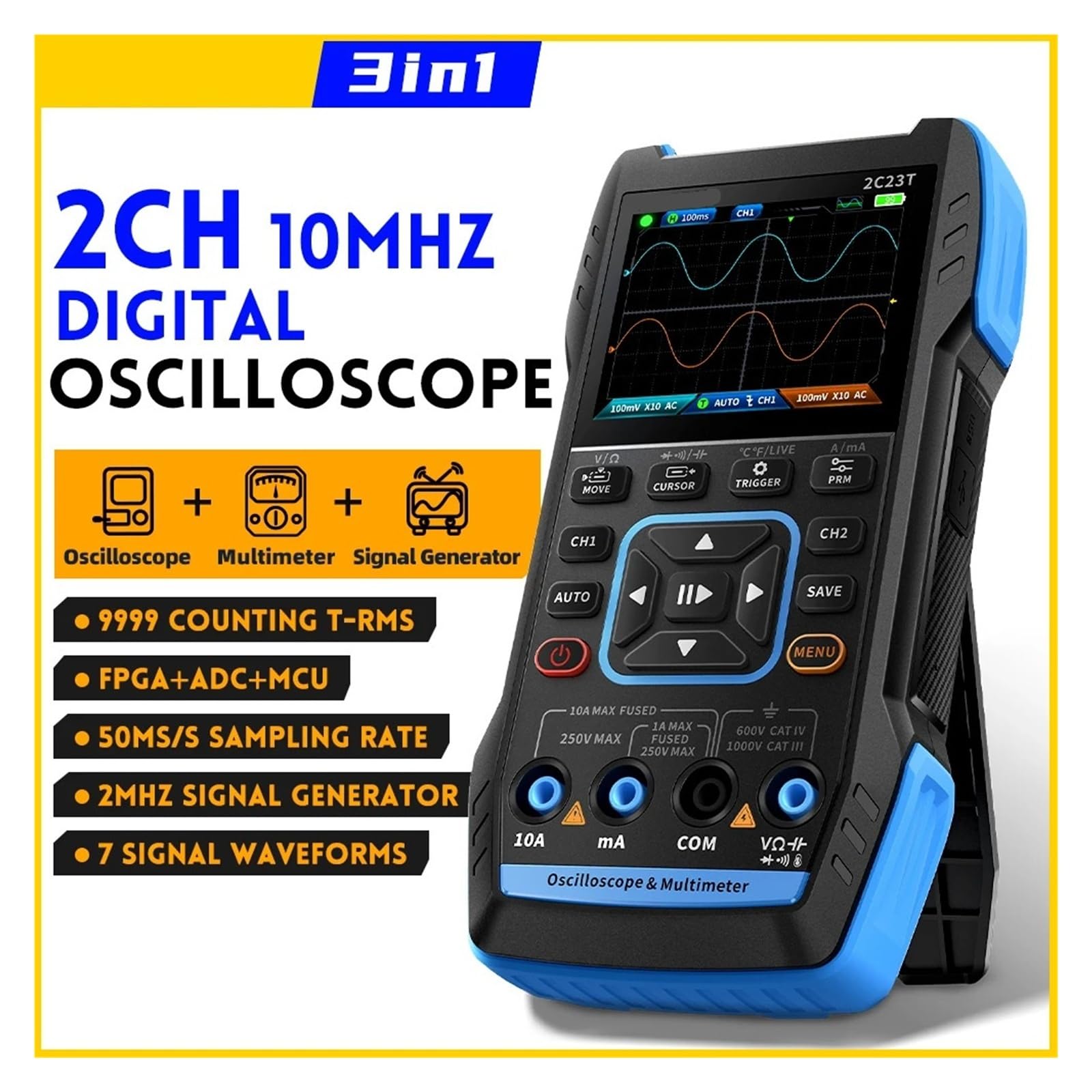 osciloscopio Multímetro Digital de Mano, osciloscopio de 10 MHz*2+, generador de señales con función de 9999 Cuentas(2C23T Option)