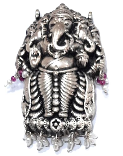 925-92.5 Oxidized Silver Antique Lord Ganesha Design Pendant with Ruby and Pearl Stone Fashion Pendant/Locket for Women and Girls (Without Chain)
