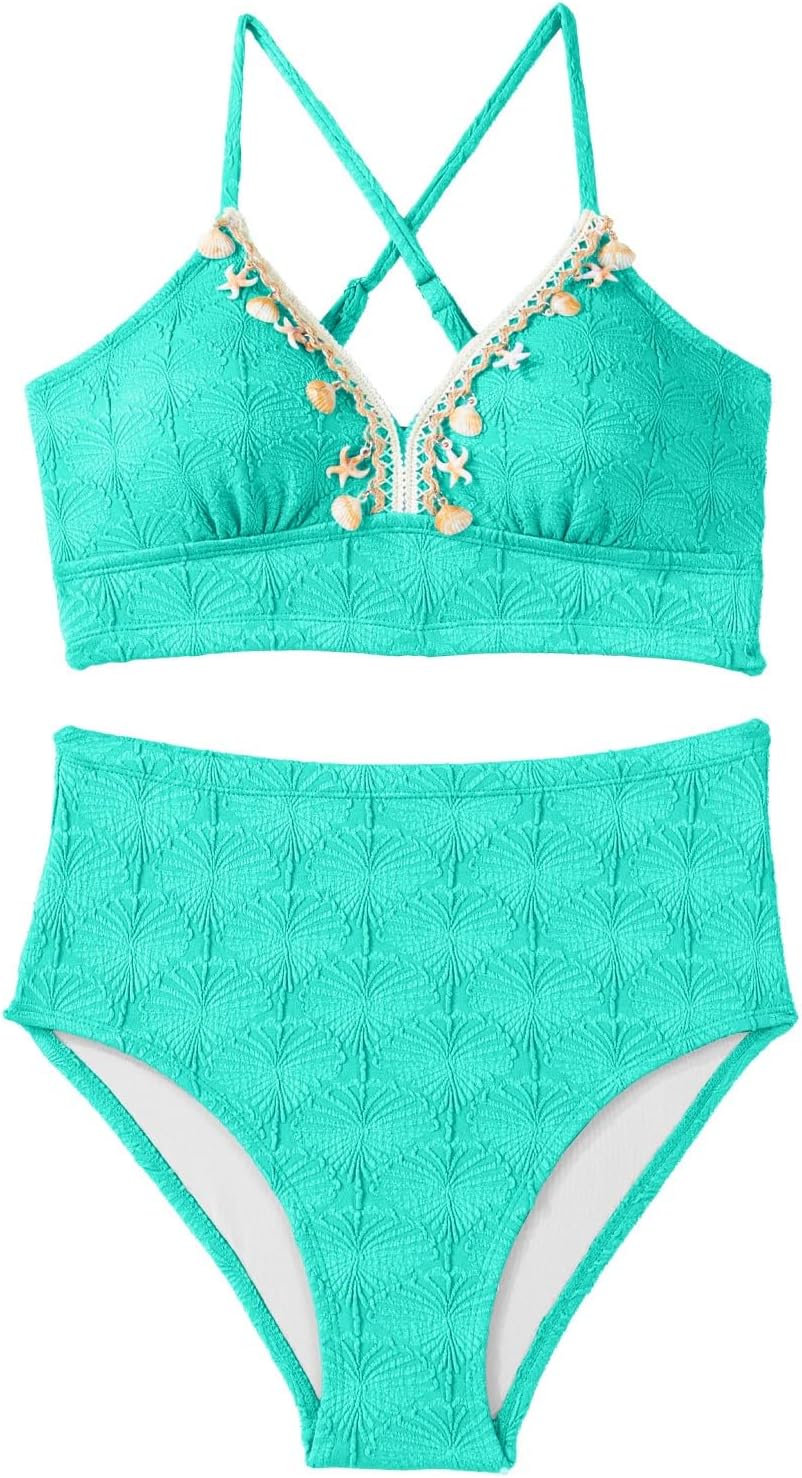 Herseas Women's Seashell Textured Bikini Sets Stitching Ribbon Shell Decoration Swimsuits High Waisted Bathing Suits - Image 5