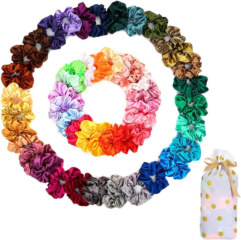 50 Satin Hair Scrunchies in Multiple Colors - Silk Accessories for Curly Hair, Teens and Girls - With Gift Bag