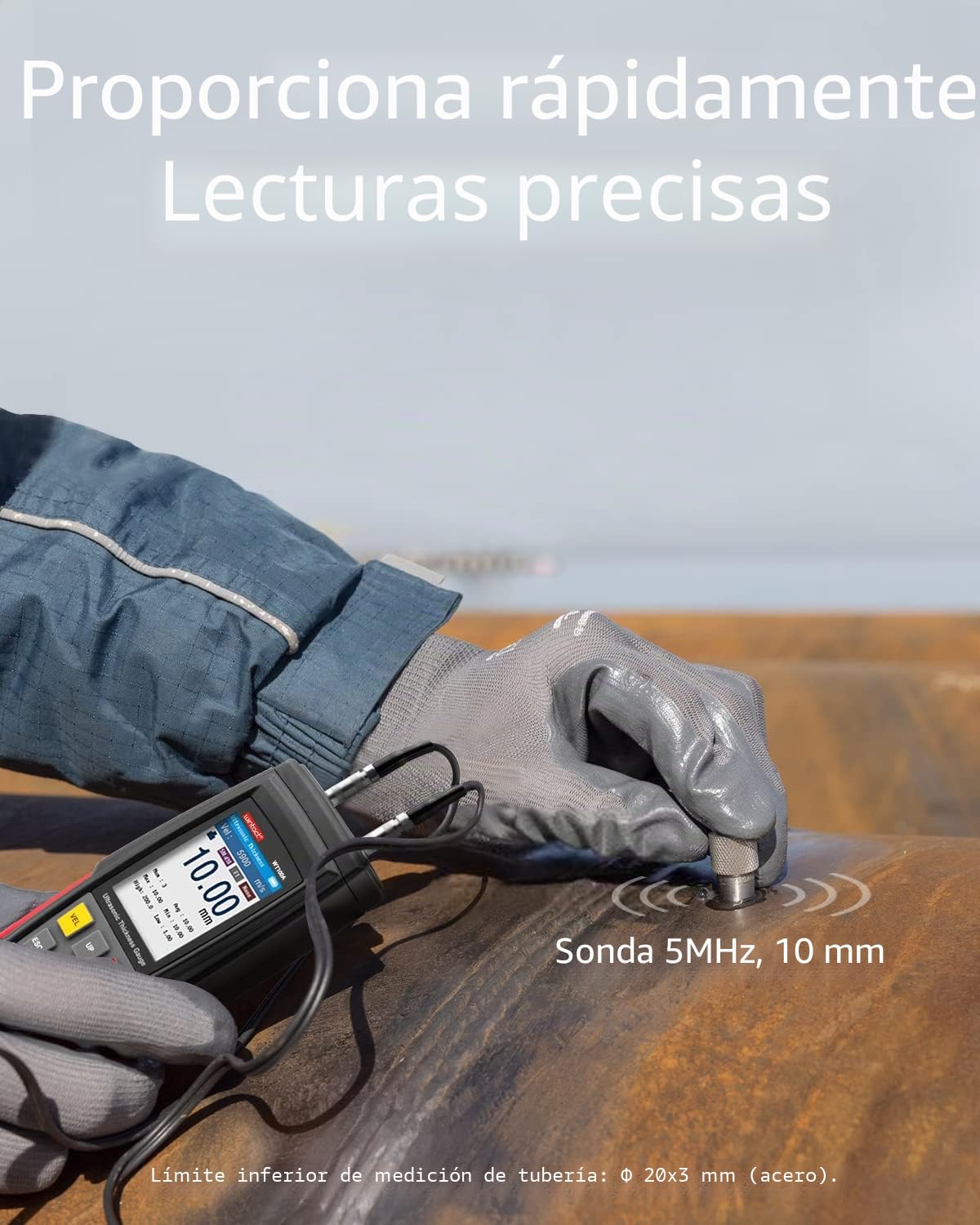 Medidor de espesor ultrasónico digital Wintact, rango de 1.00 a 300mm con sonda para medir materiales metálicos y no metálicos, acero, paredes de cilindros, plástico, vidrio, PVC, tuberías (WT100A)