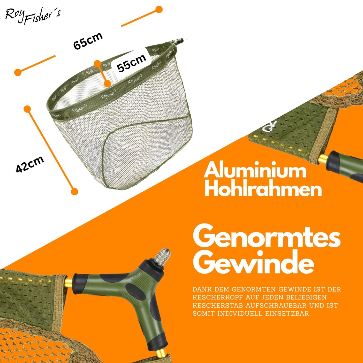 Roy Fishers Gummierter Kescherkopf Safely Rubber Net | Fischschonendes Netz, Aluminium-Rahmen, Universal-Gewinde für Kescherstäbe, Schnelltrocknend & Geruchsarm