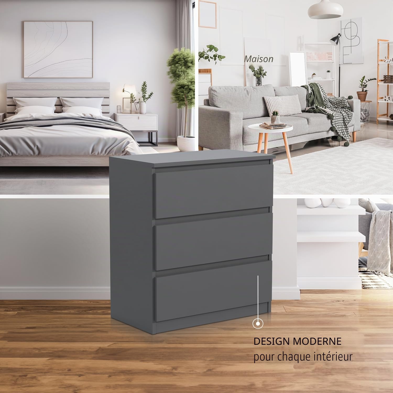 Commode avec 3 tiroirs Idéale pour Salon, Chambre à Coucher, Chambre d'enfant, Chambre d'adolescent et Bureau Solution Moderne et élégante pour Un Rangement stylé (Anthracite)