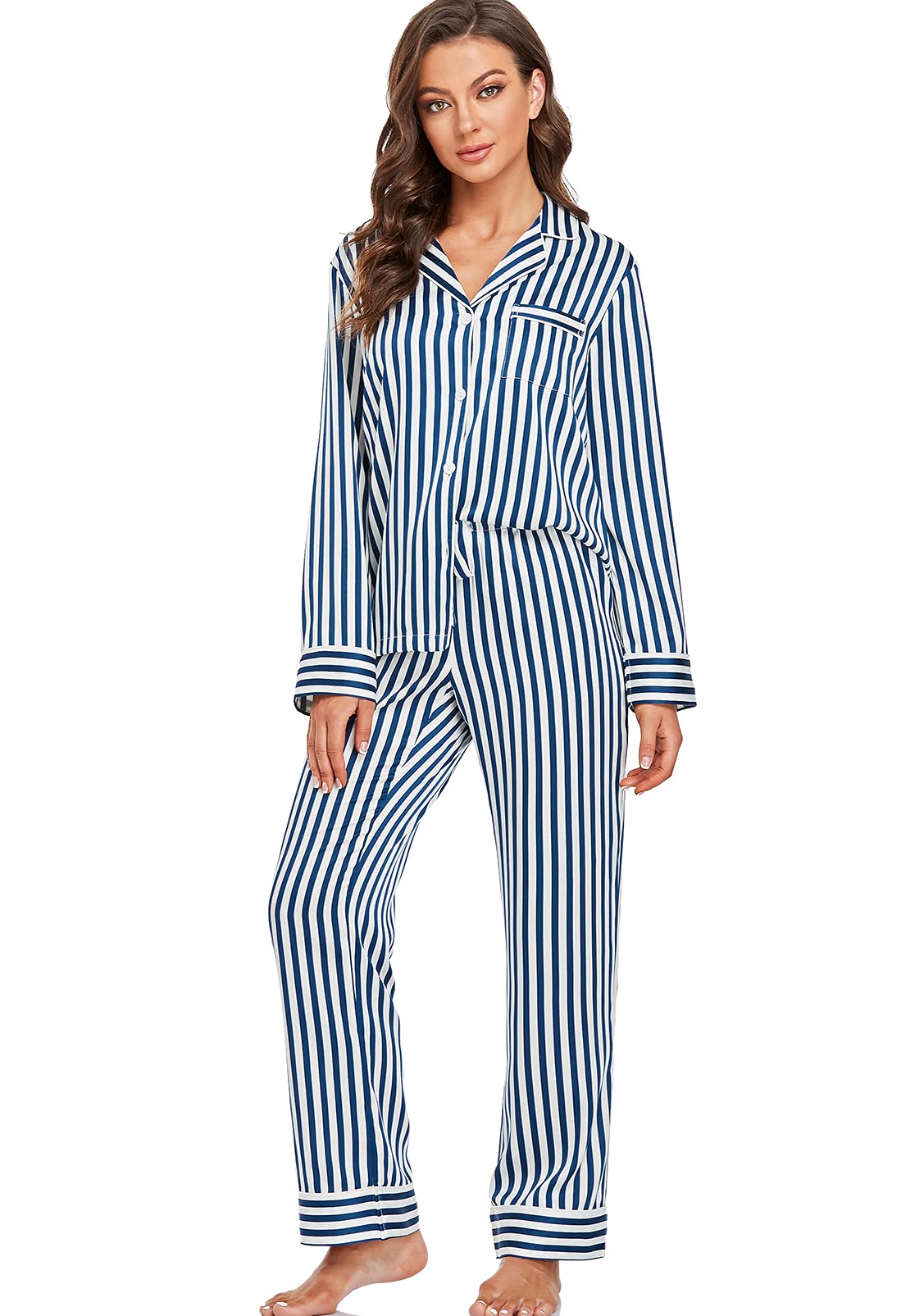 Women's Satin Pajama Set Long Sleeve Button Sleepwear 2-Piece Pj Lounge Set