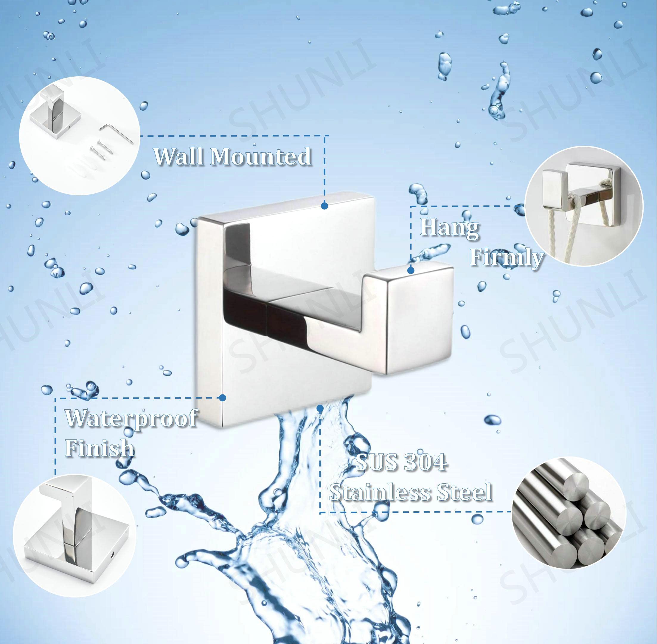 SHUNLI 4 ganchos de toalla para baño, gancho de pared, gancho de pared, gancho de baño, gancho cuadrado resistente montado en la pared (acero inoxidable cromo/SUS304)