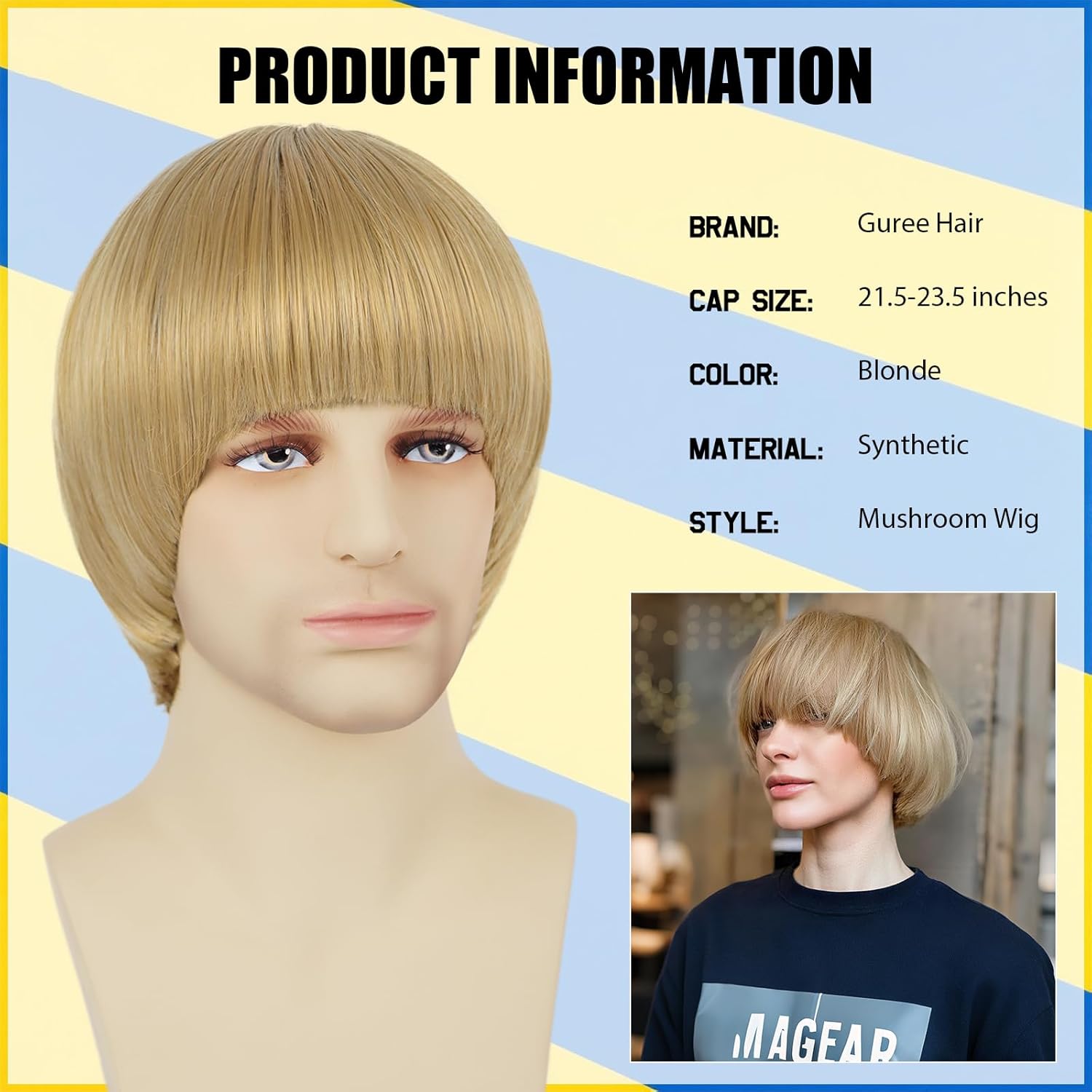 Blonde Mushroom Wig for Men Women Unisex Synthetic 60s Bowl Cut Wig with Bangs for Anime Characters Costume Halloween Cosplay Party (Blonde) - Image 2