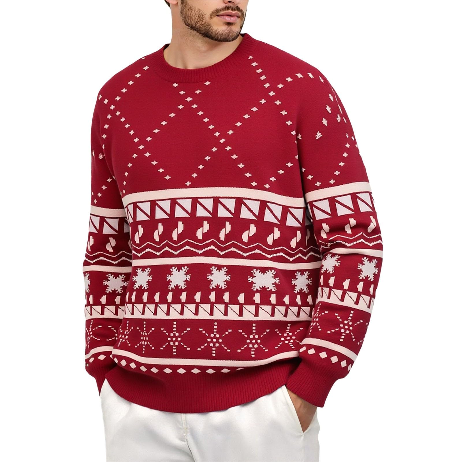Generisch Jersey de Navidad para hombre, suéter de Navidad, cuello redondo, jersey de punto de manga larga, jersey de punto fino, suéter de trabajo para hombre, suéter de invierno