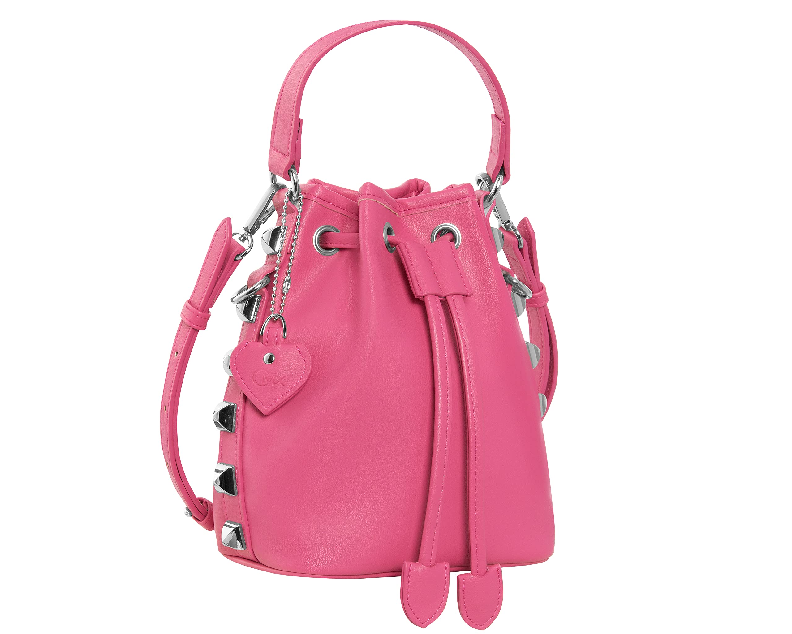 CMX STUDS - Borsa Donna e Ragazza Doppio Uso, a Mano o Borsa Tracolla Removibile e Regolabile, con Forma a Secchiello, Borchie Laterali + Charm Staccabile - Ideale per Regali Natale 16x10x21Hcm