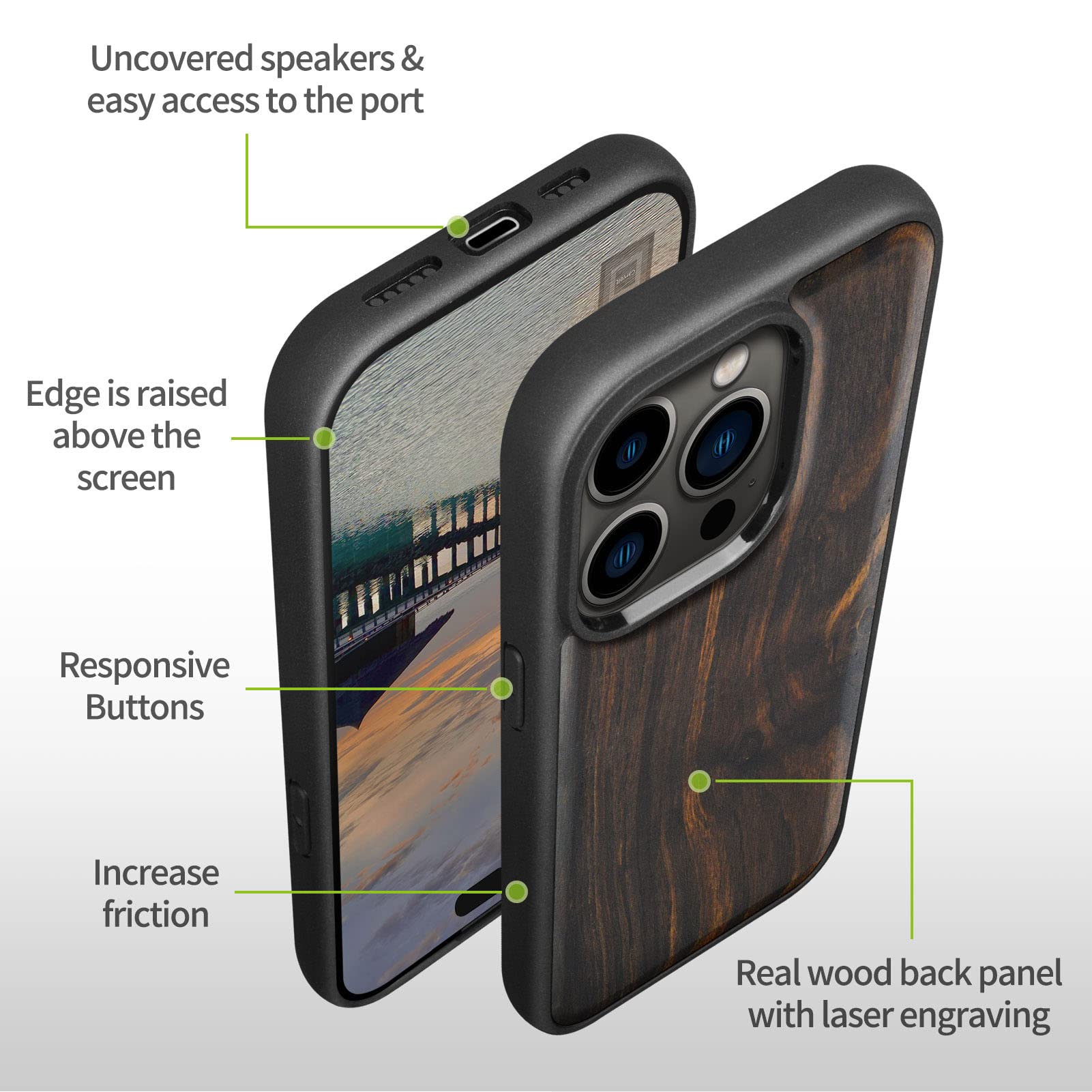 Carveit Magnetic Wood Case For IPhone 14 Pro Case [Natural Wood & Black Soft TPU] Shockproof Protective Cover Unique & Classy Wooden Case Compatible With Magsafe (Lighthouse -Cherry