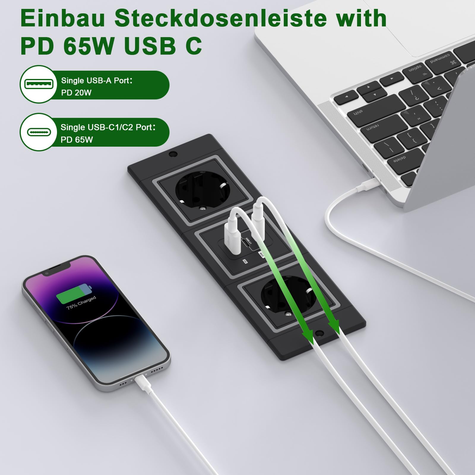 Ciabatta elettrica da incasso con PD 65 W USB C