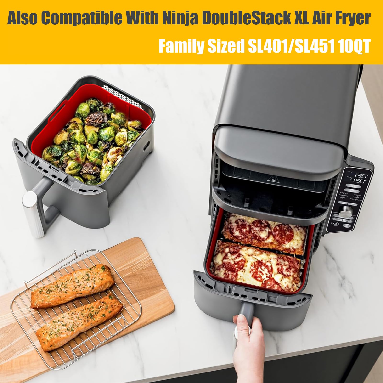 10QT Air Fryer Silikoneinlagen, MMH 2 Stück rechteckige Airfryer Silikontopf Backblech Wiederverwendbarer Ersatzkorb Einsatz für Ninja DZ401/DZ550,Antihaftbeschichtung,lebensmittelecht,rot