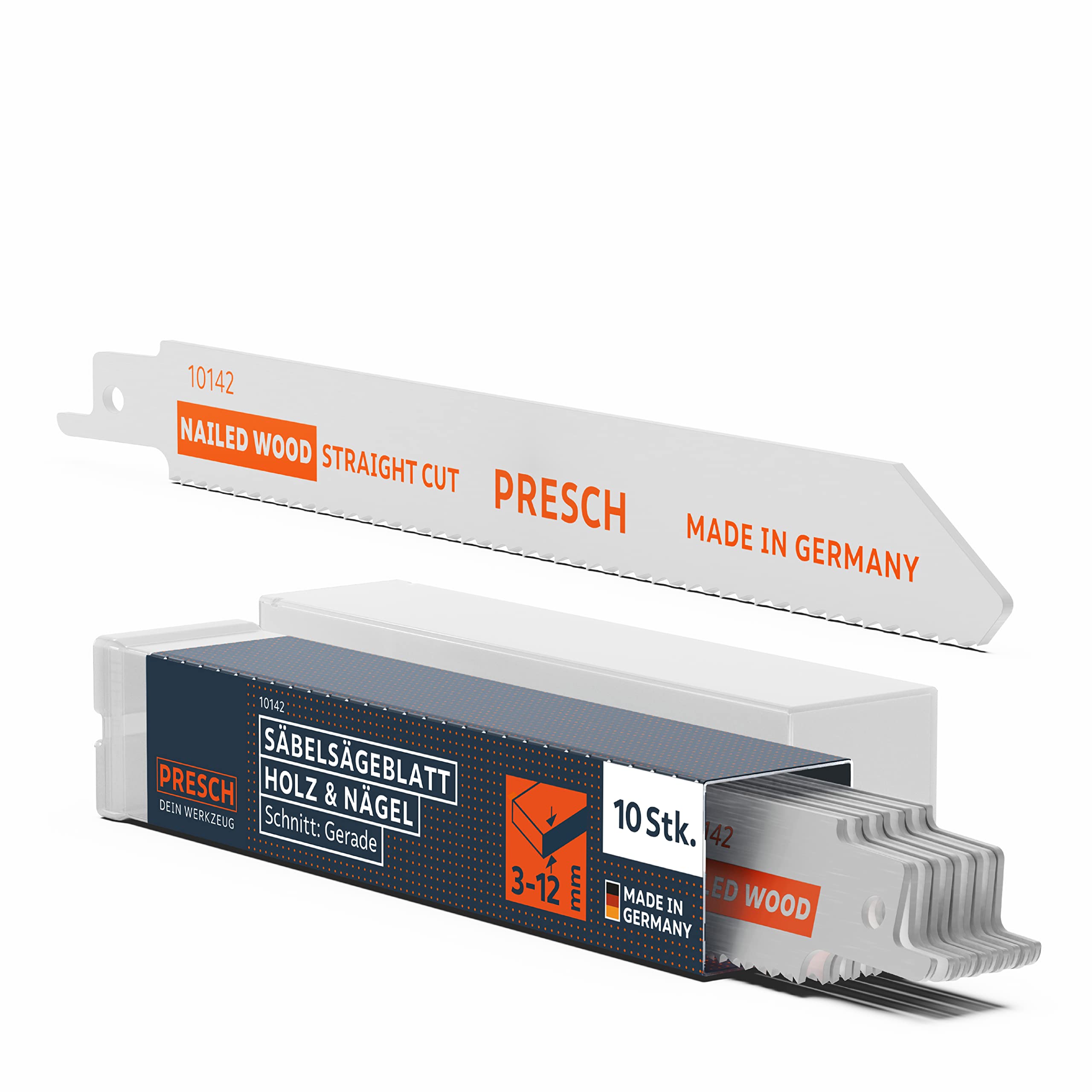 Presch Säbelsägeblätter Universal Holz und Nägel 130mm 10 Stk. - 8% Cobalt Sägeblätter für Altbausarnierung und Palettenbau - Universalschaft Reciprosäge Sägeblätter Set inkl. Box