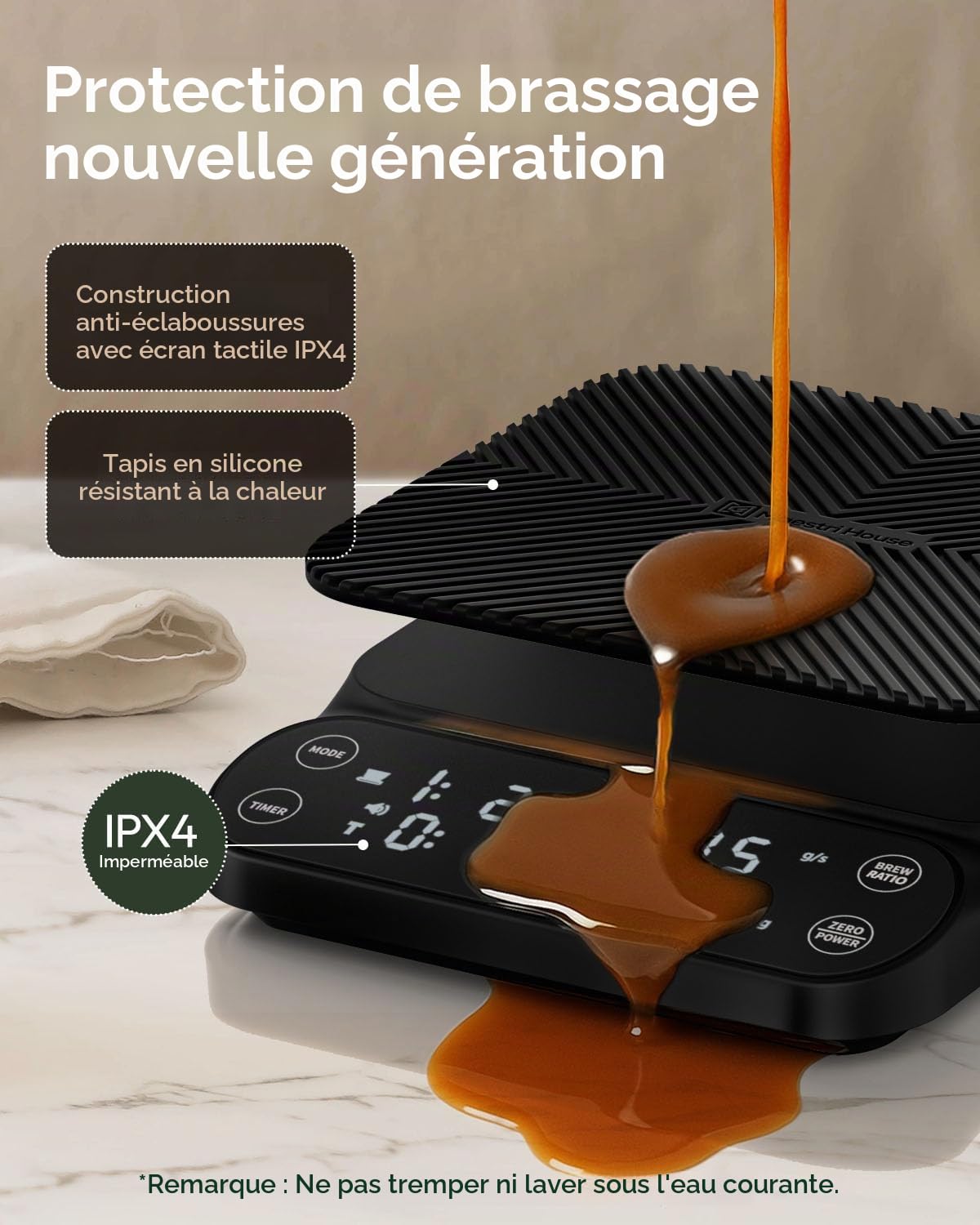 Maestri House Balance à café rechargeable avec minuterie, 3 kg/0,1 g, 3 modes d'infusion, rapport d'infusion personnalisable, balance numérique de qualité barista pour verser, expresso, presse