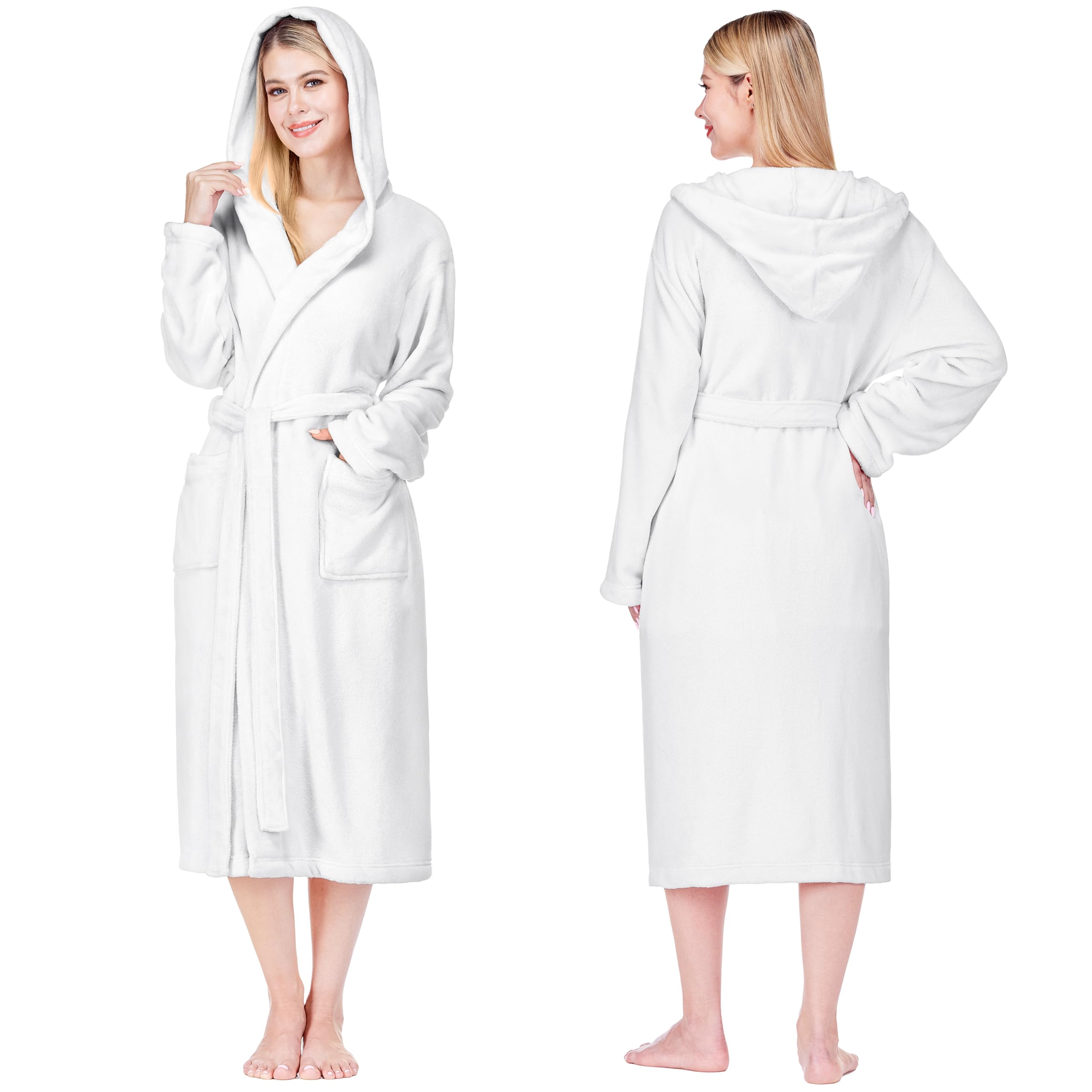PAVILIA Women Robe with Hood, Fleece Fluffy Soft Long Hooded Robe, Plush Fuzzy Cozy Warm Bathrobe Shower Spa