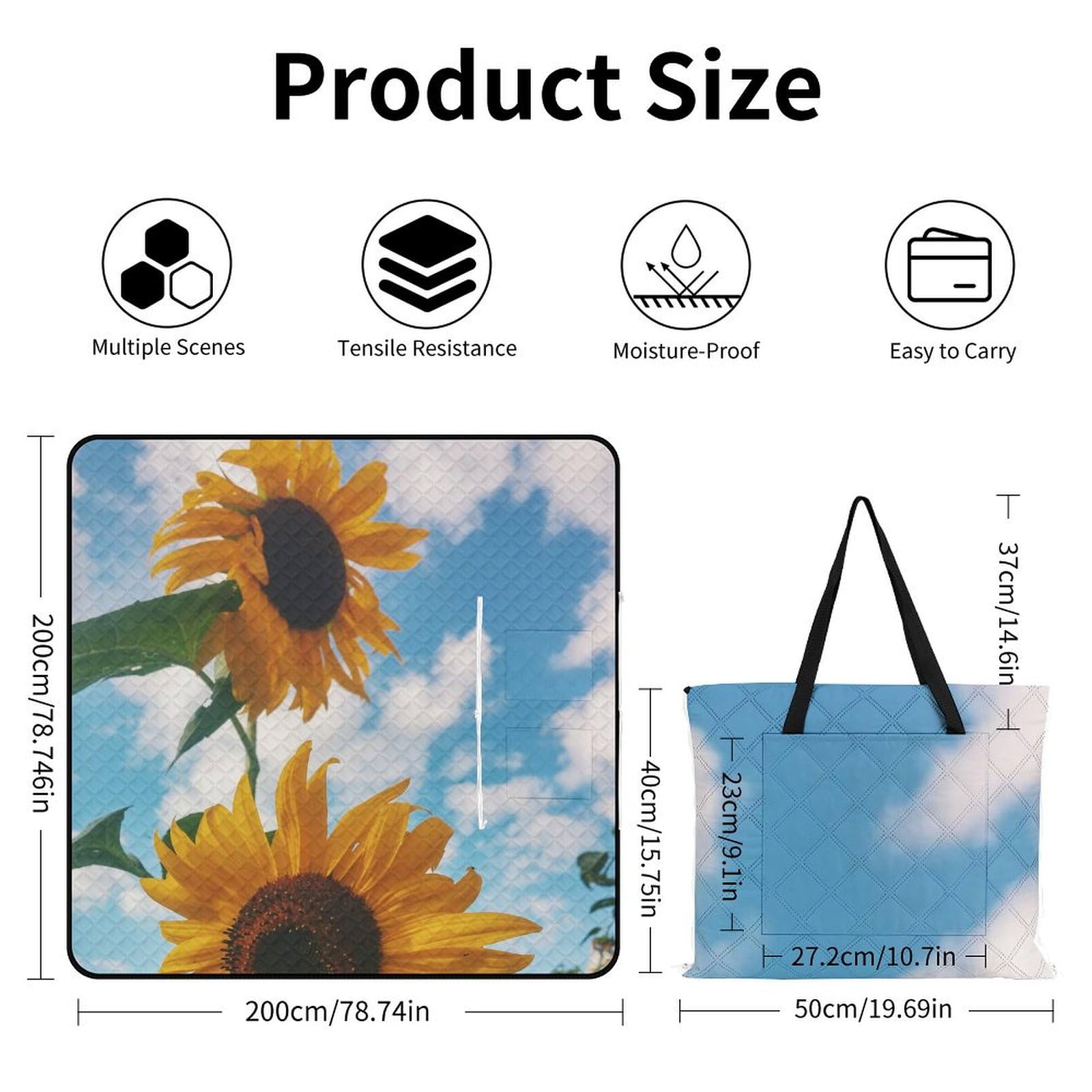 3D Impression SunFleurs in The Sun Couverture Pique Nique Tapis De Plage Anti Sable Matelas De Plage Tapis Picnic pour Jardin,Nappe, BBQ, Randonnée 200x200cm