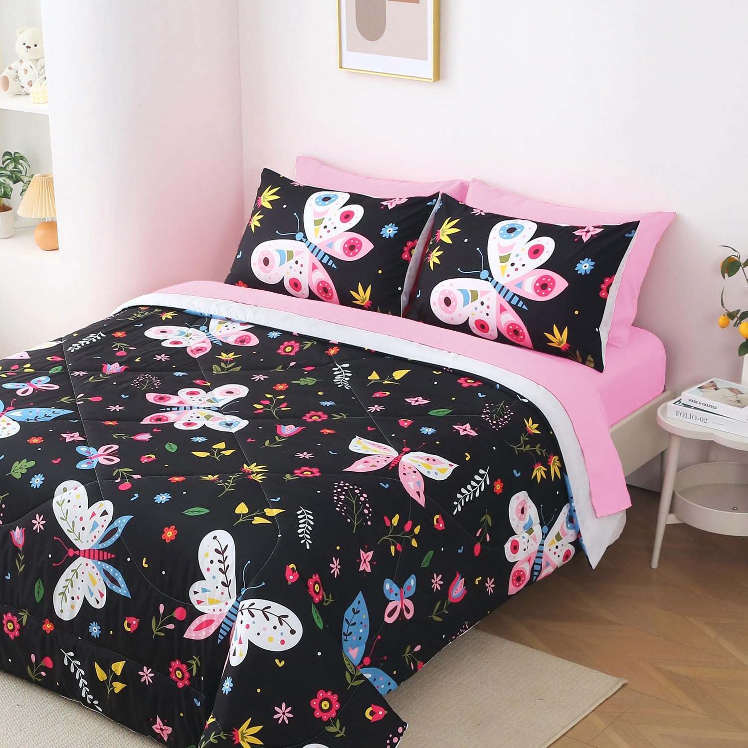 Girls Butterfly Comforter Set Queen Size Black 7 Piece Bed in A Bag Colorful Flowers Leaves Bedding Set for Kids Teens Adults Super Soft All Season