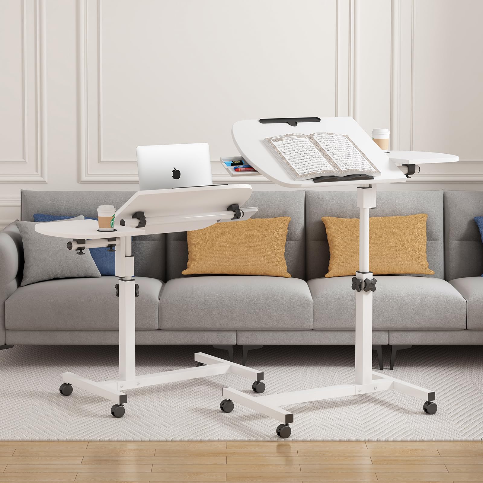 Escritorio Elevable de Pie Móvil, Mesa Escritorio Ordenador con Altura Ajustable, Mesa de Cama con Ruedas, Marco Giratorio de 360°, Escritorio Plegable de para Sofá 60x40cm Blanco