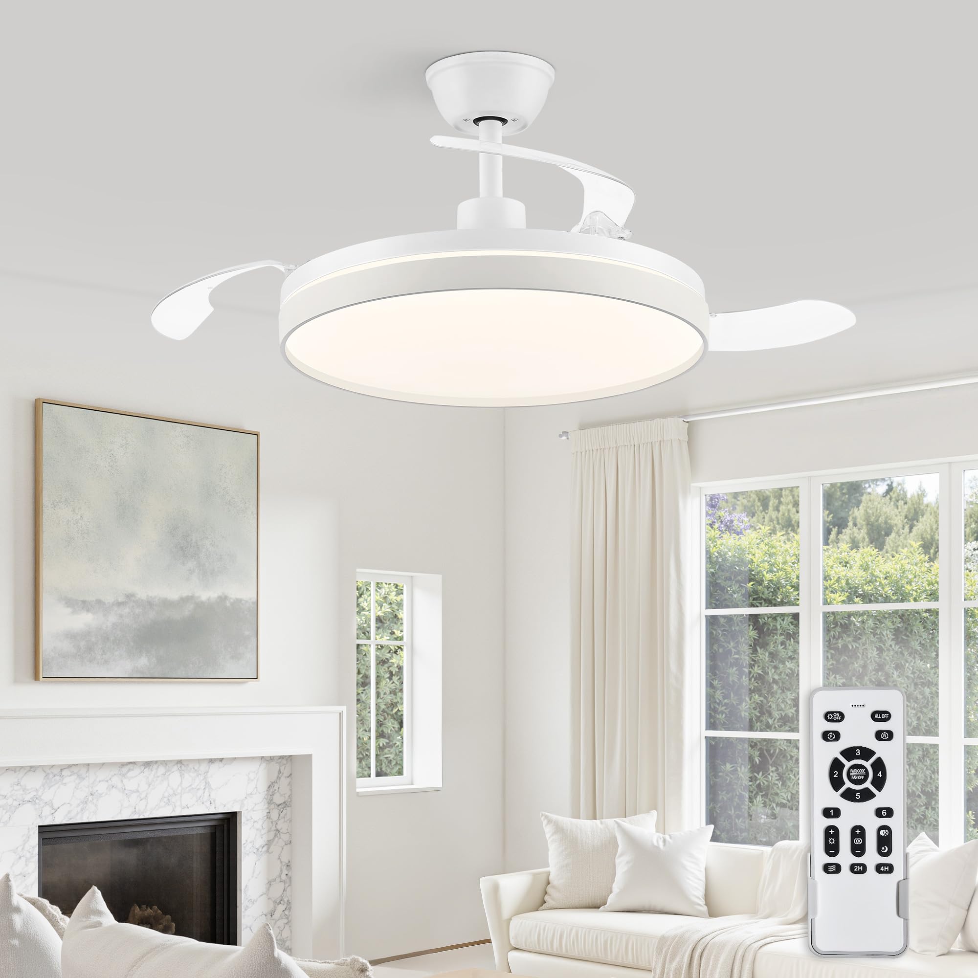 ZMISHIBO-Ventilador de Techo con Luz 106cm Ventilador sin Aspas CCT 3000K-65000K Función Verano-Invierno,Motor DC 30W+Luz LED 38W,6 Velocidades,Silencioso,Temporizador 2H/4H,Blanco