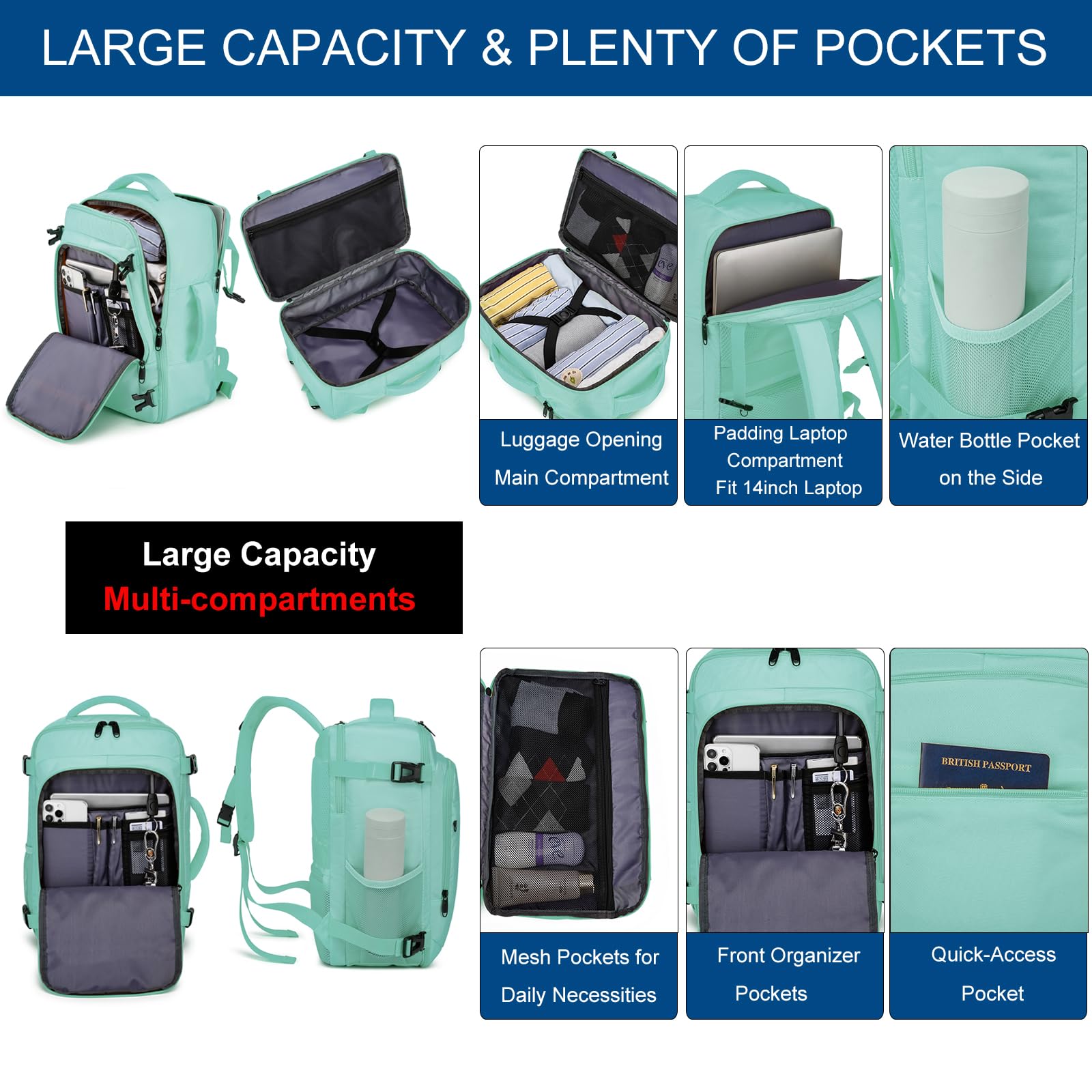 Zaino per Ryanair 40x20x25 Zaino da Viaggio Aereo Bagaglio a Mano Borsa da Cabina Borse Valigia Zaini Casual Donna per Wizzair 14 Pollici Zaino Porta PC per Scuola Lavoro,Verde