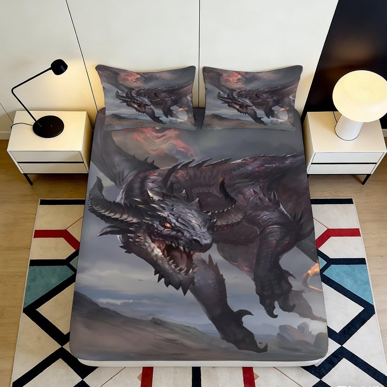 3D Printed Dark Dragon Fitted Sheet Microfiber Soft Bedroom Decor Fantasy Wolf Mattress Cover for Home Dorm 90x200x25cm