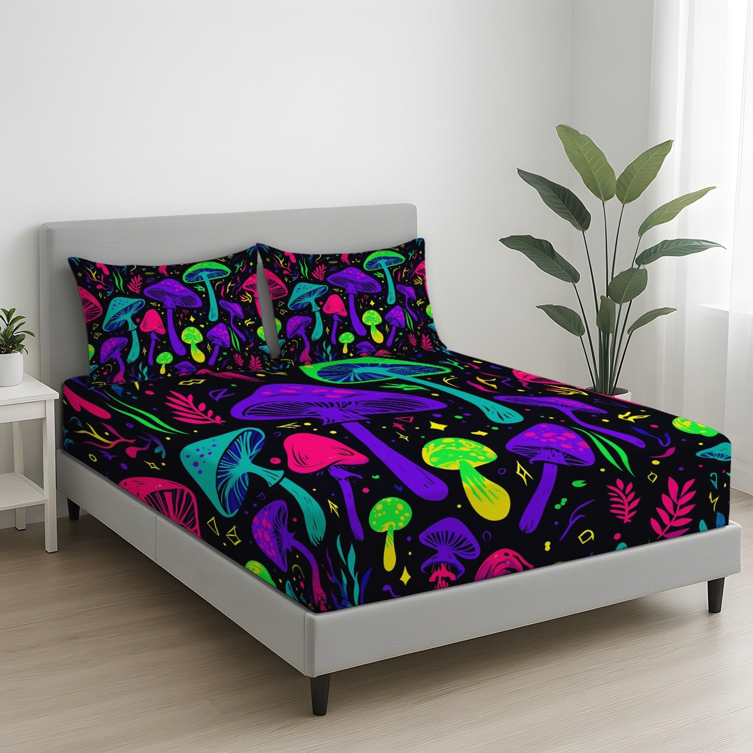 Magisch Wald Spannbetttuch 140 x 200 x 30 cm 3teilig 2 Kissenbezüge 80 x 80 cm Neon Leuchtend Pilz Botanisch Spannbettlaken Set für Kinder Jugendliche Erwachsene Mikrofaser Bettwäsche
