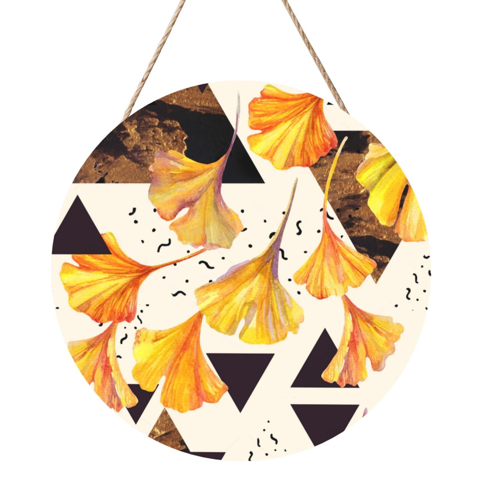 InOmak Autumn Colors Ginkgo Leaves, Round Wood Panel Painting 12 in, Wall Hanging Painting For Home