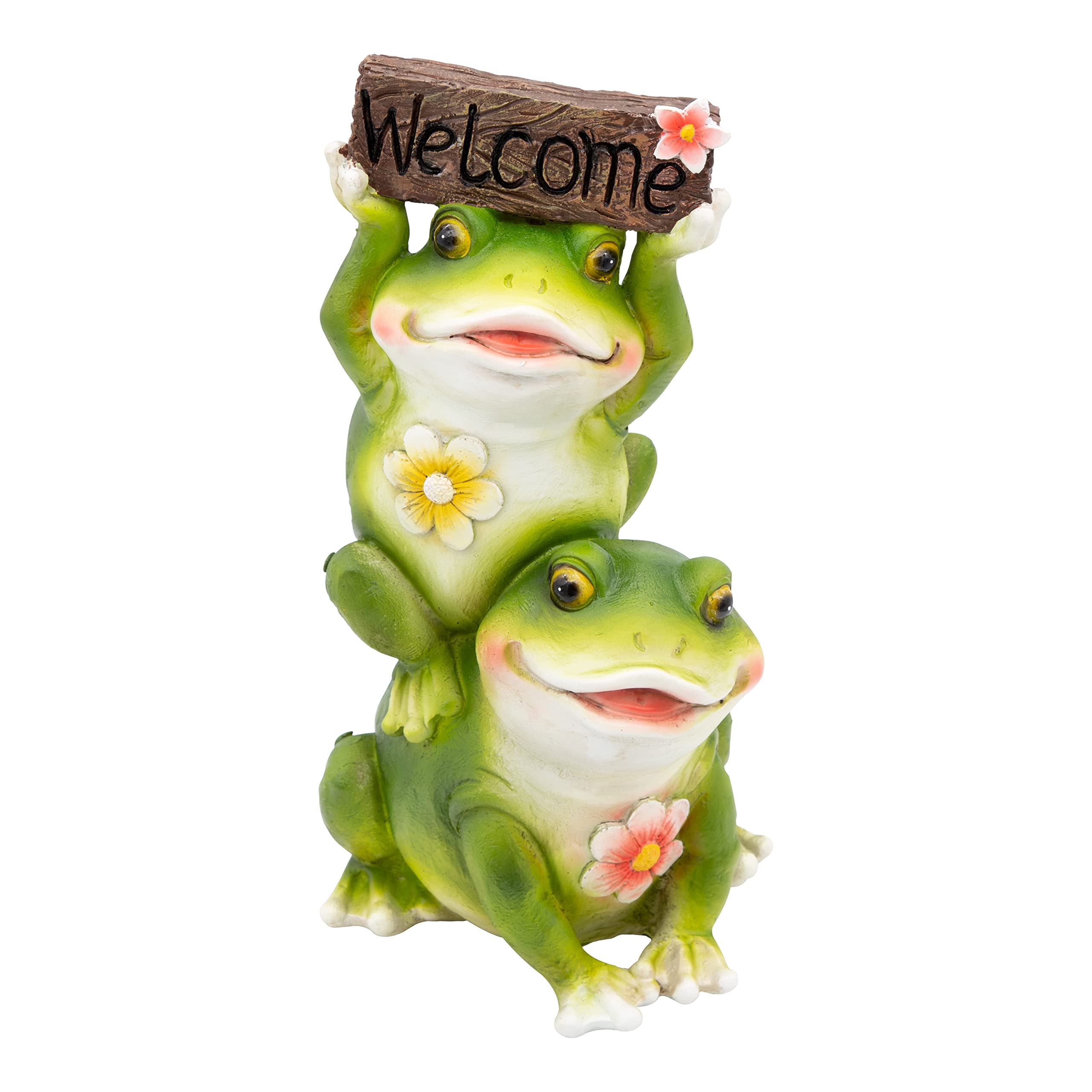 GardenKraft Cute Couple Frog Welcome Sign Garden Ornament - Green/Red