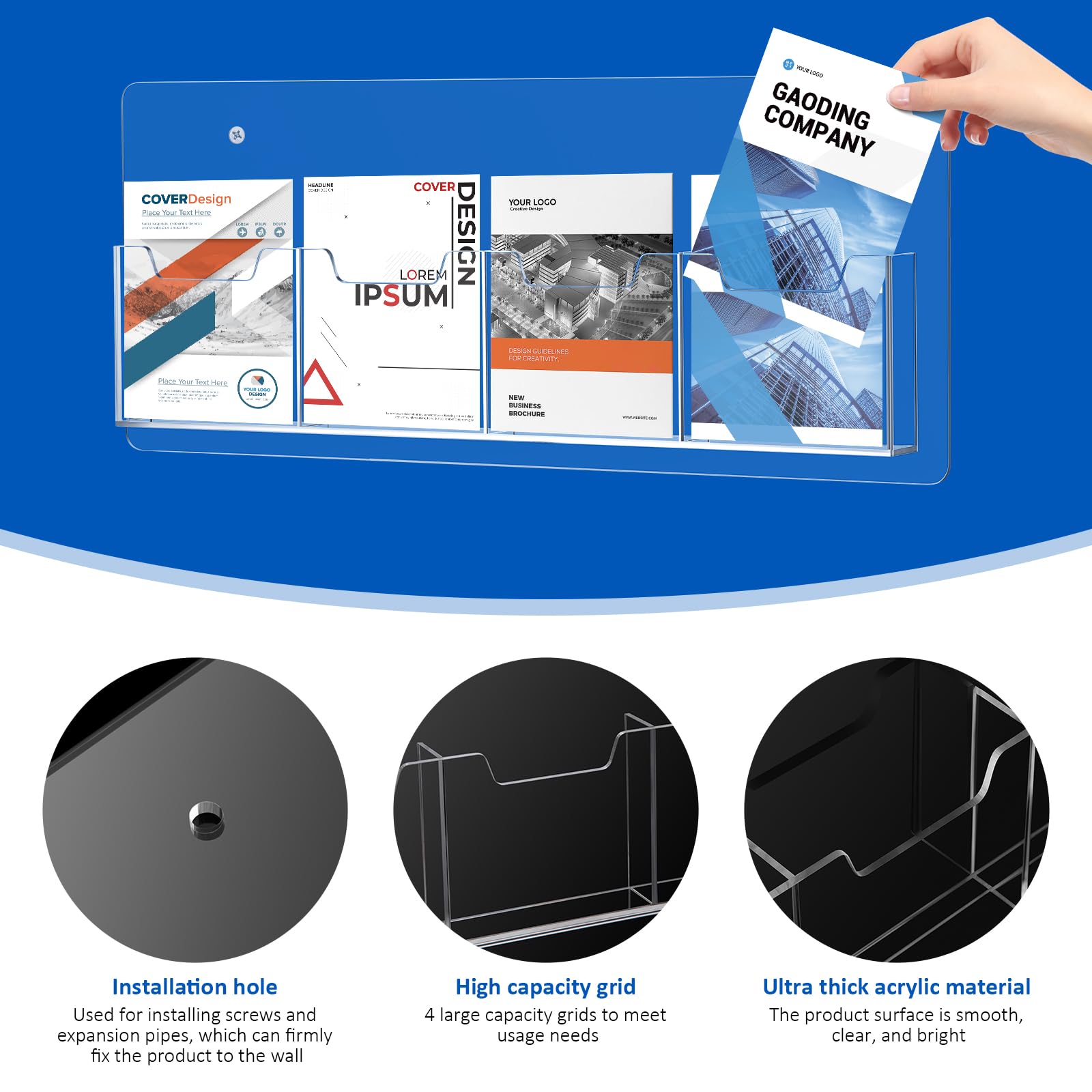 Keweni Acrylic Brochure Holder, 6 Pocket Shelf, Wall Mount, Transparent, Large/Middle, Office Use - Image 3