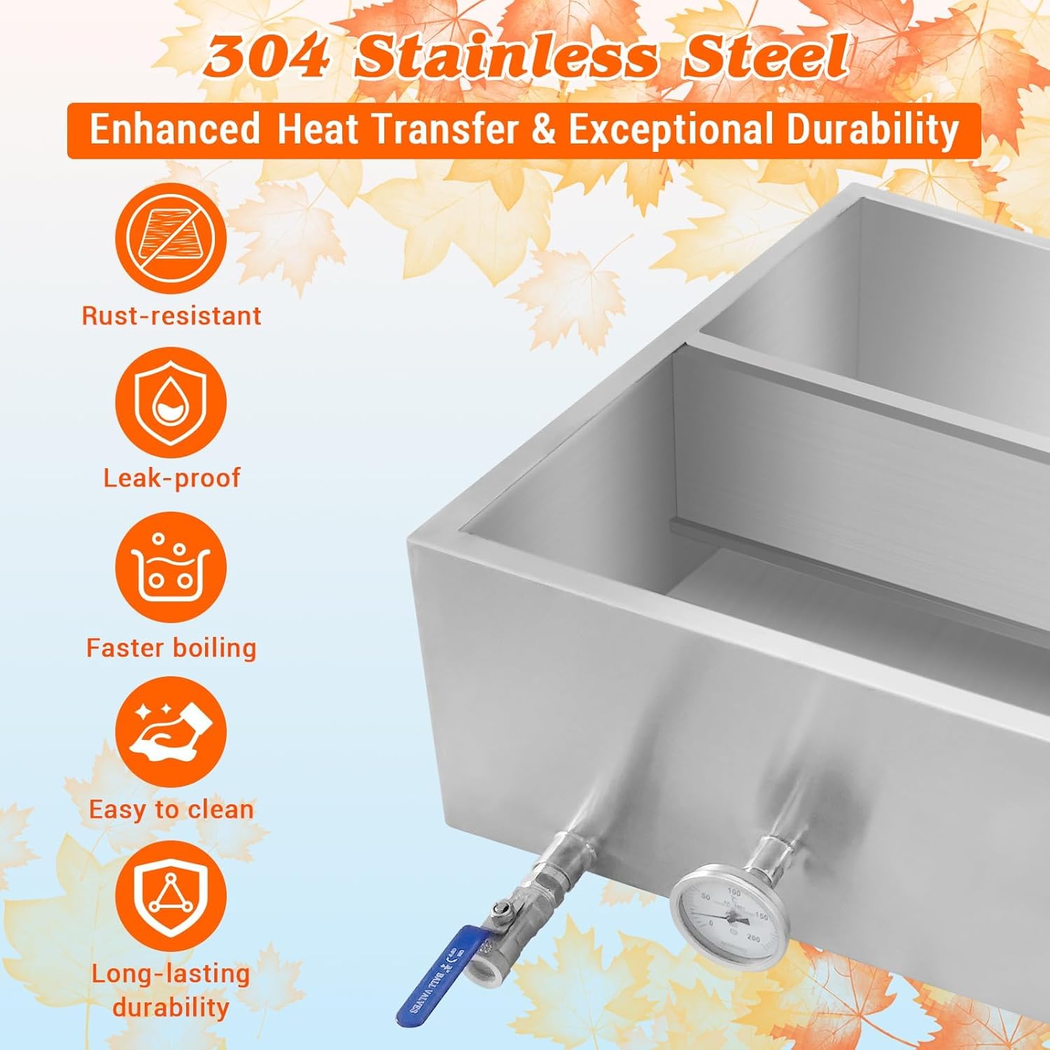Maple Syrup Evaporator Pan, 48 x 24 x 9.4 Inch Maple Syrup Pan, 304 Stainless Steel Maple Syrup Evaporator, 47 Gallon Maple Syrup Boiling Pan with Valve and Thermometer for Home, Outdoor