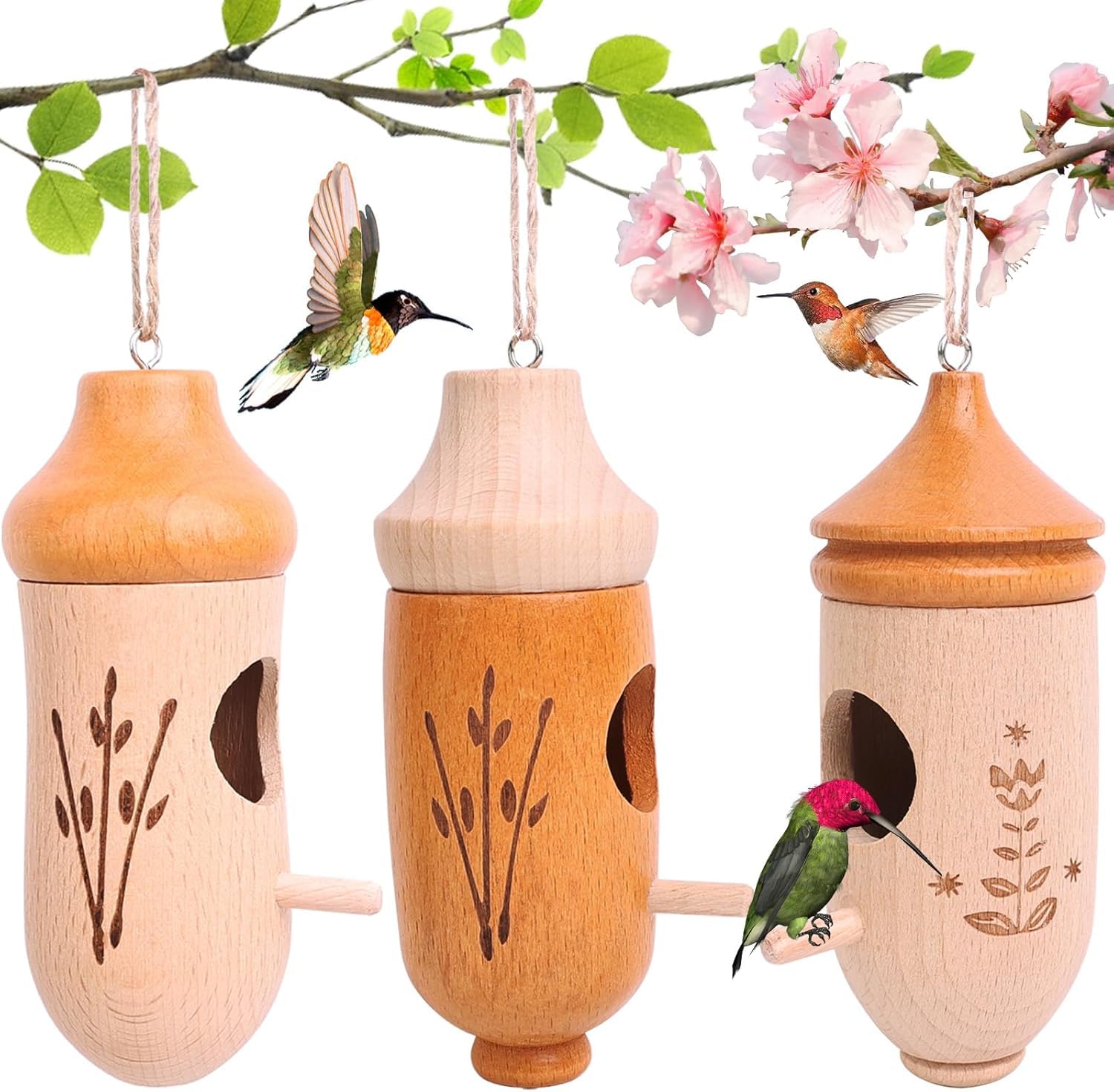 Hummingbird House,Natural Wooden Humming Bird Houses for Outside Hanging, Gardening Home Decoration,3 Packs