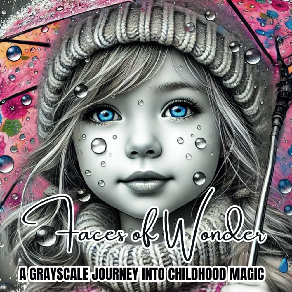 Faces of Wonder: A Grayscale Coloring Journey into Childhood Magic, featuring 50 expressive portraits of children, capturing moments of awe, curiosity, and wonder.