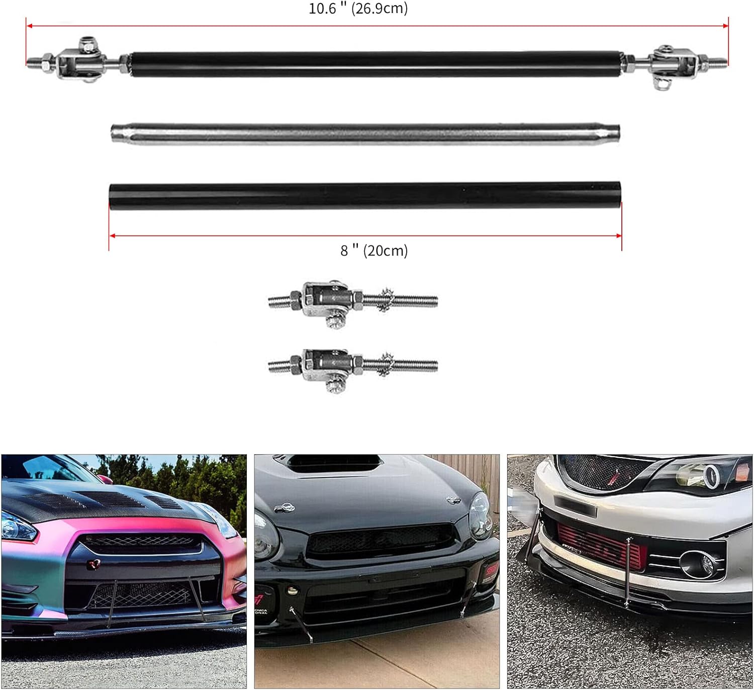 4Pcs Front Bumper Lip Chin Spoiler Splitter Diffuser Protector Air Dams Fit 66.9"-76.7'' Width Cars with 2Pcs Adjustable 8"-11" Black Splitter Rods, Glossy Black Sharp Corner