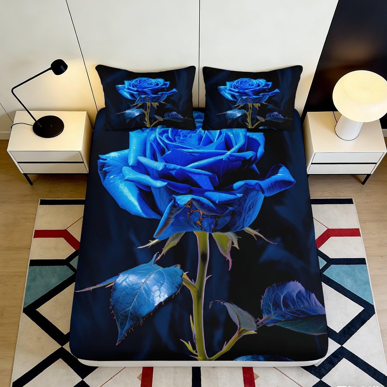 3D Printed Duck Floral Fitted Sheet Microfiber Deep Pocket Non-Slip Mattress Fitted Cover Full Wrap Washable for Bedroom 200x200x25cm