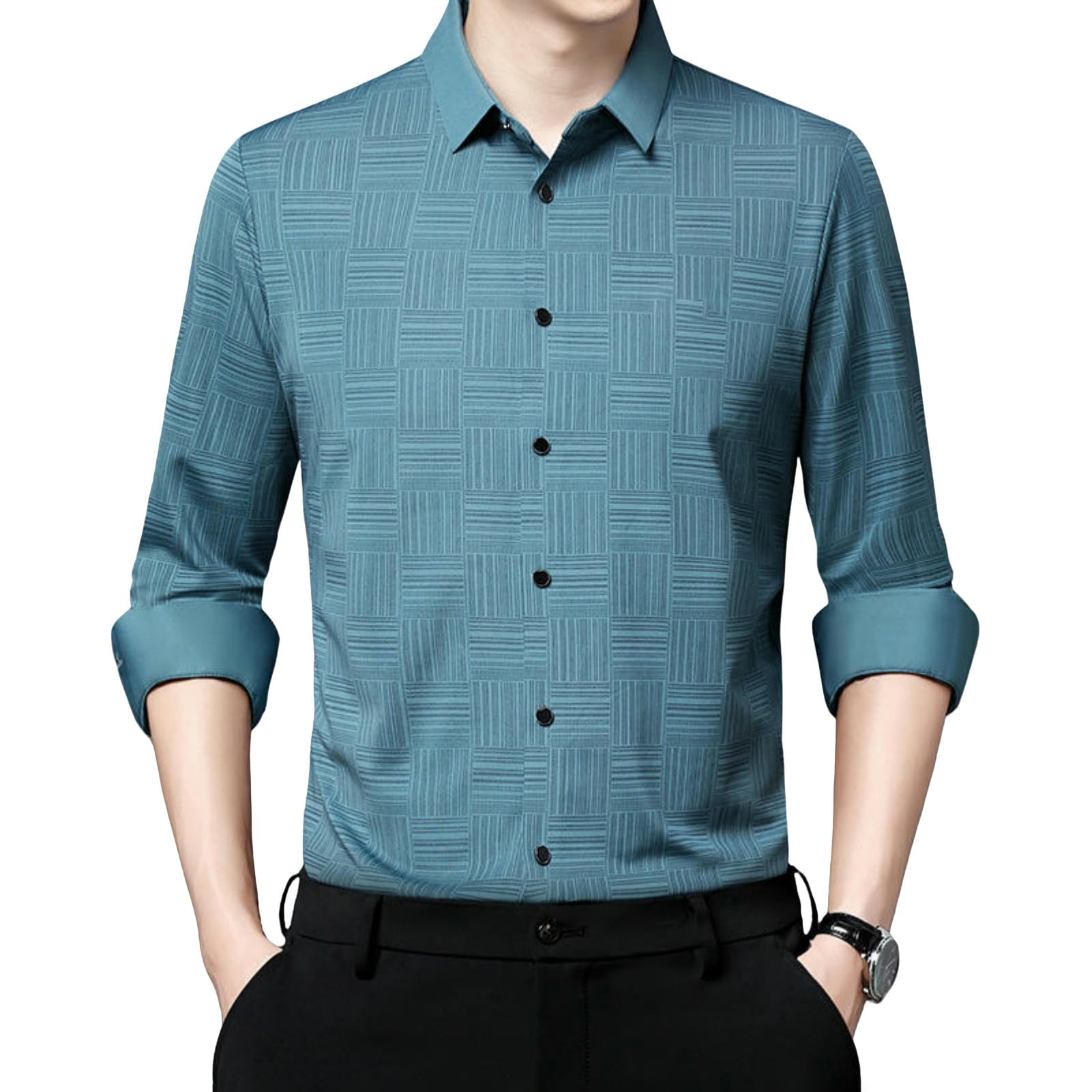 Camisa de manga larga estampada a rayas para hombre, ajuste holgado, resistente a las arrugas, ligeramente abotonado