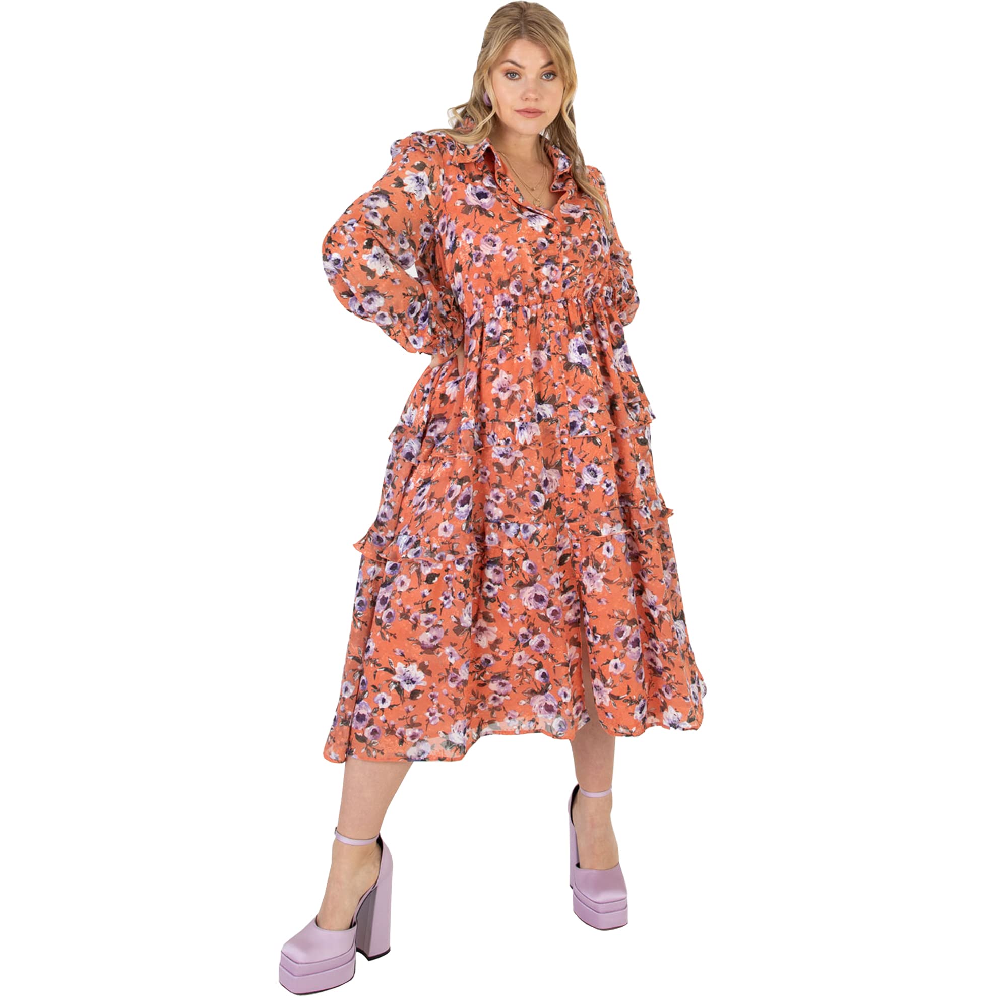 Lovedrobe Women's Plus Size Midi Dress, Orange, UK 24, Flower Pattern, Long Sleeve, V Neck, Model PL5-01080
