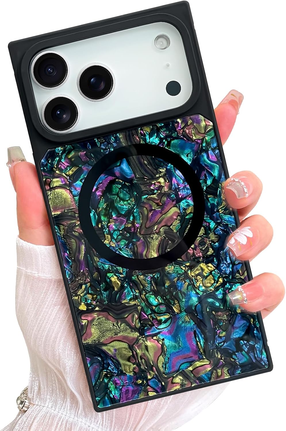 AIGOMARA Magnetic Rectangle for iPhone 17 Pro Max Case, Compatible with Magsafe Luxury Sparkle Opalescent Pearl for Women Girls Glossy Glitter Protective Phone Case with Screen Protector, Abalone