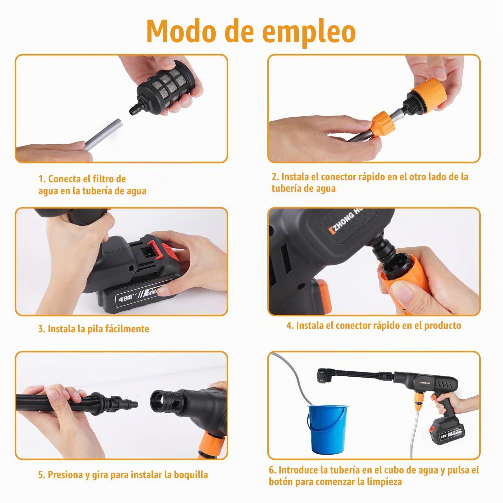 Hidrolimpiadora Bateria, 21V Máx 60Bar Hidrolimpiadora de Alta Presion, Press & Clean Pistola Lavado, Manguera de 5M, Boquilla Ajustable 6 en 1, Jarra de Espuma (con 2 baterías de 6000 mAh)