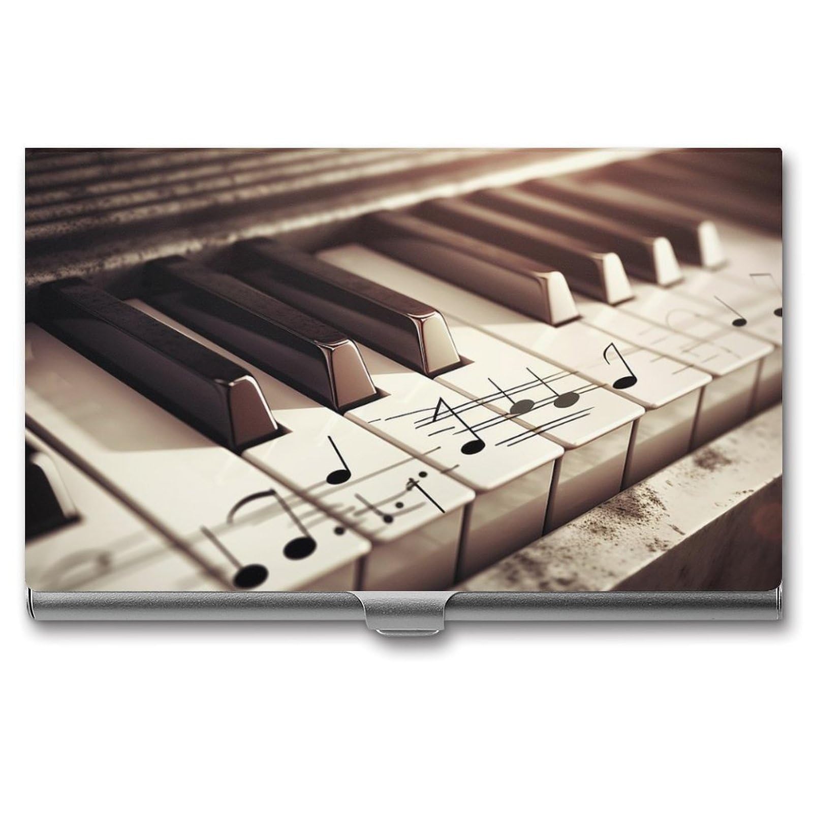BTCOWZRV Piano Keys With Musical Notes Business Card Holder Metal Slim Business Card Case, Pocket Card Holder for Men Women Purse Name Card Holder Stainless Steel Wallet Credit ID Case for Office