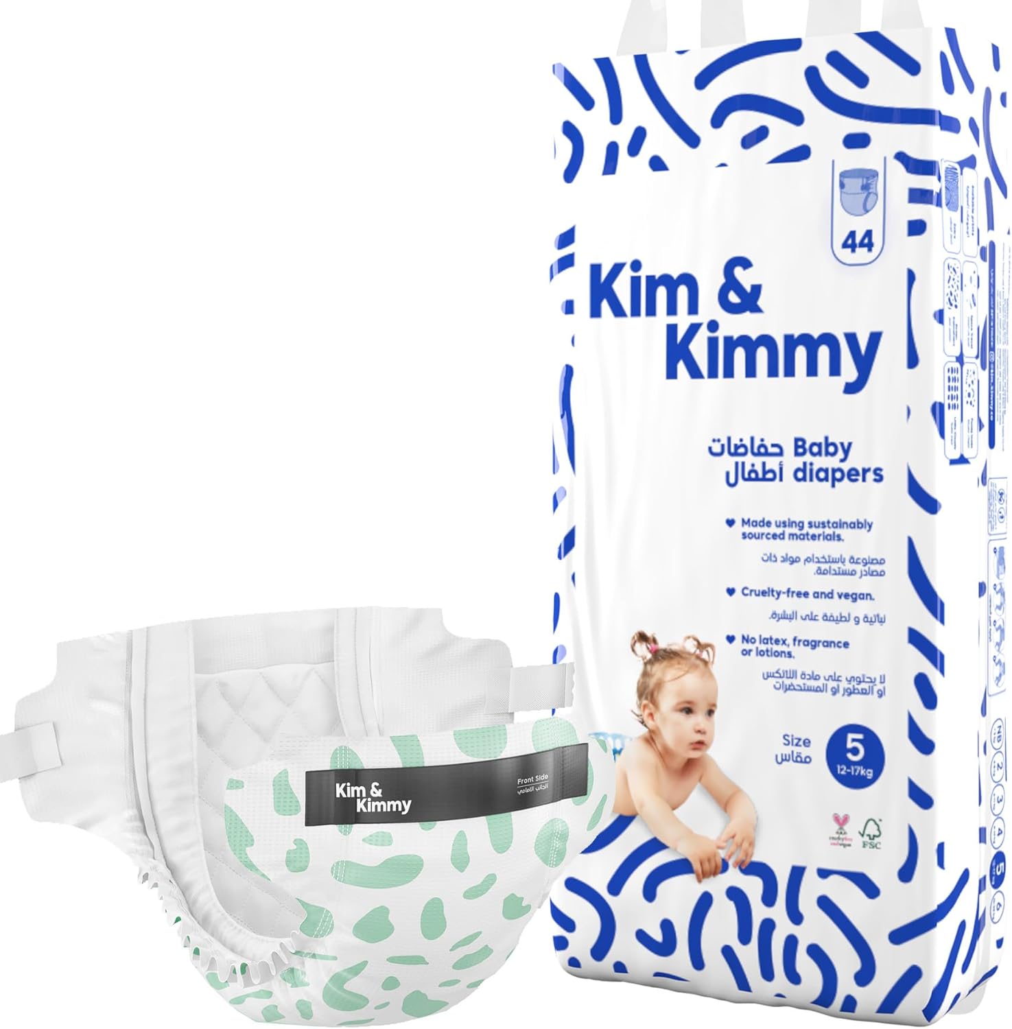 Kim & Kimmy Eco Diapers, Size 5, 26-38 lbs, 44 Diapers - 12 Hour Leak Protection, No Rashes, Hypoallergenic, Ultra-Soft & Highly Absorbent - Cruelty Free & Vegan - Green Dalmatian